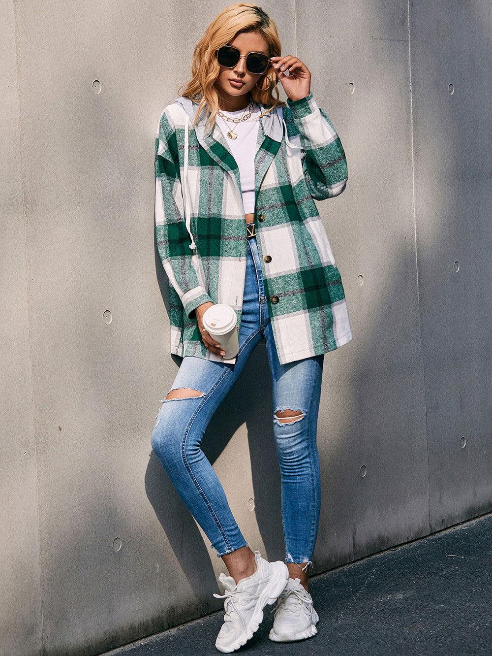 Ivy Lane Plaid Dropped Shoulder Hooded Jacket - Clothes For Her Online Store