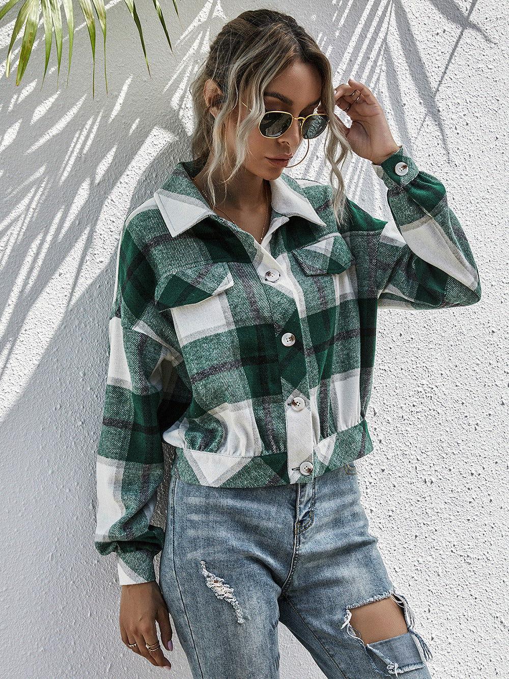 Ivy Lane Plaid Dropped Shoulder Shirt Jacket - Clothes For Her Online Store