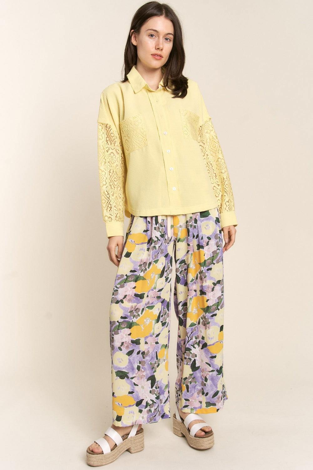 J.NNA Button Down Lace Long Sleeve Waffle Shirt - Clothes For Her Online Store