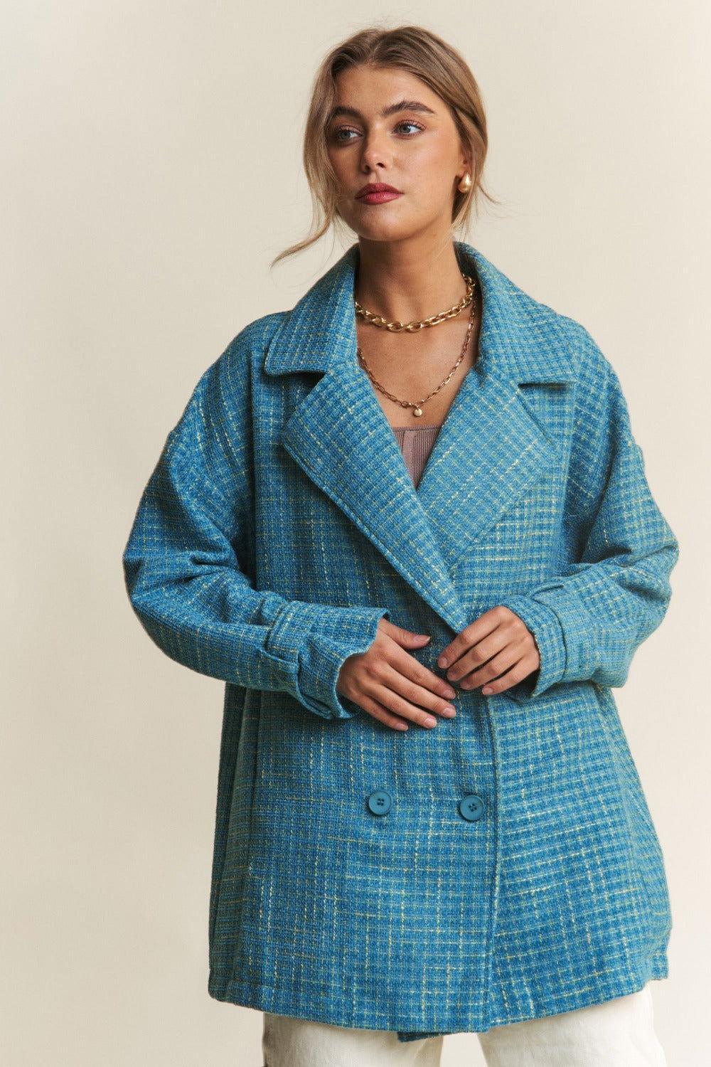 J.NNA Tweed Double-Breasted Long Sleeve Coat - Clothes For Her Online Store