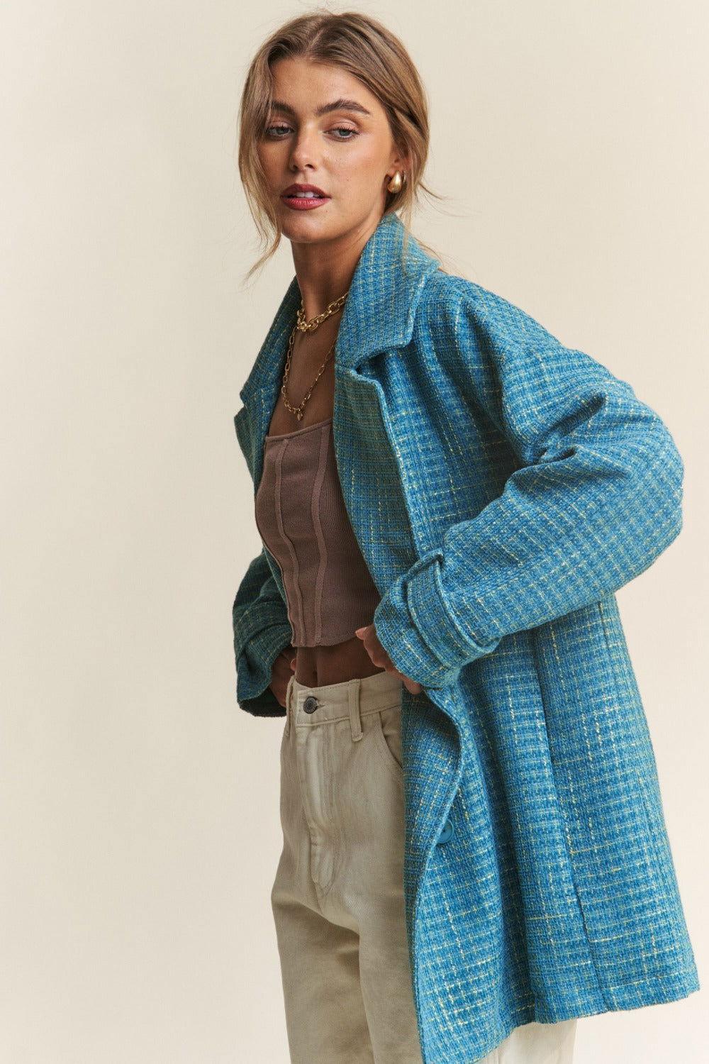 J.NNA Tweed Double-Breasted Long Sleeve Coat - Clothes For Her Online Store