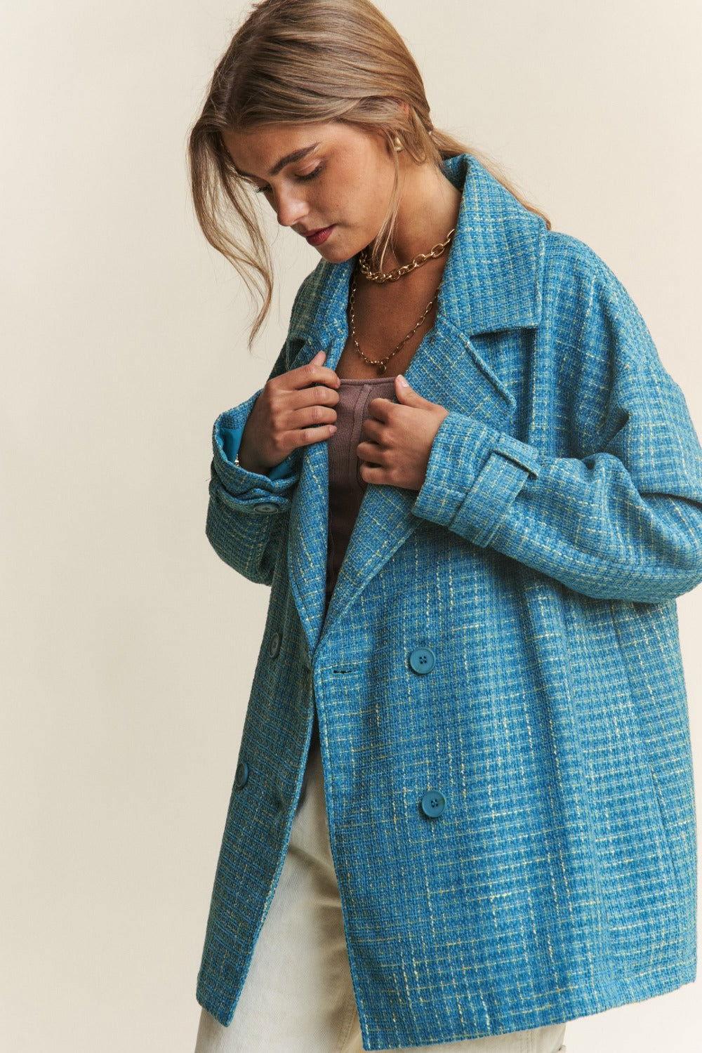 J.NNA Tweed Double-Breasted Long Sleeve Coat - Clothes For Her Online Store