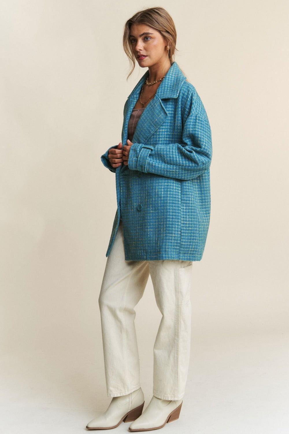 J.NNA Tweed Double-Breasted Long Sleeve Coat - Clothes For Her Online Store