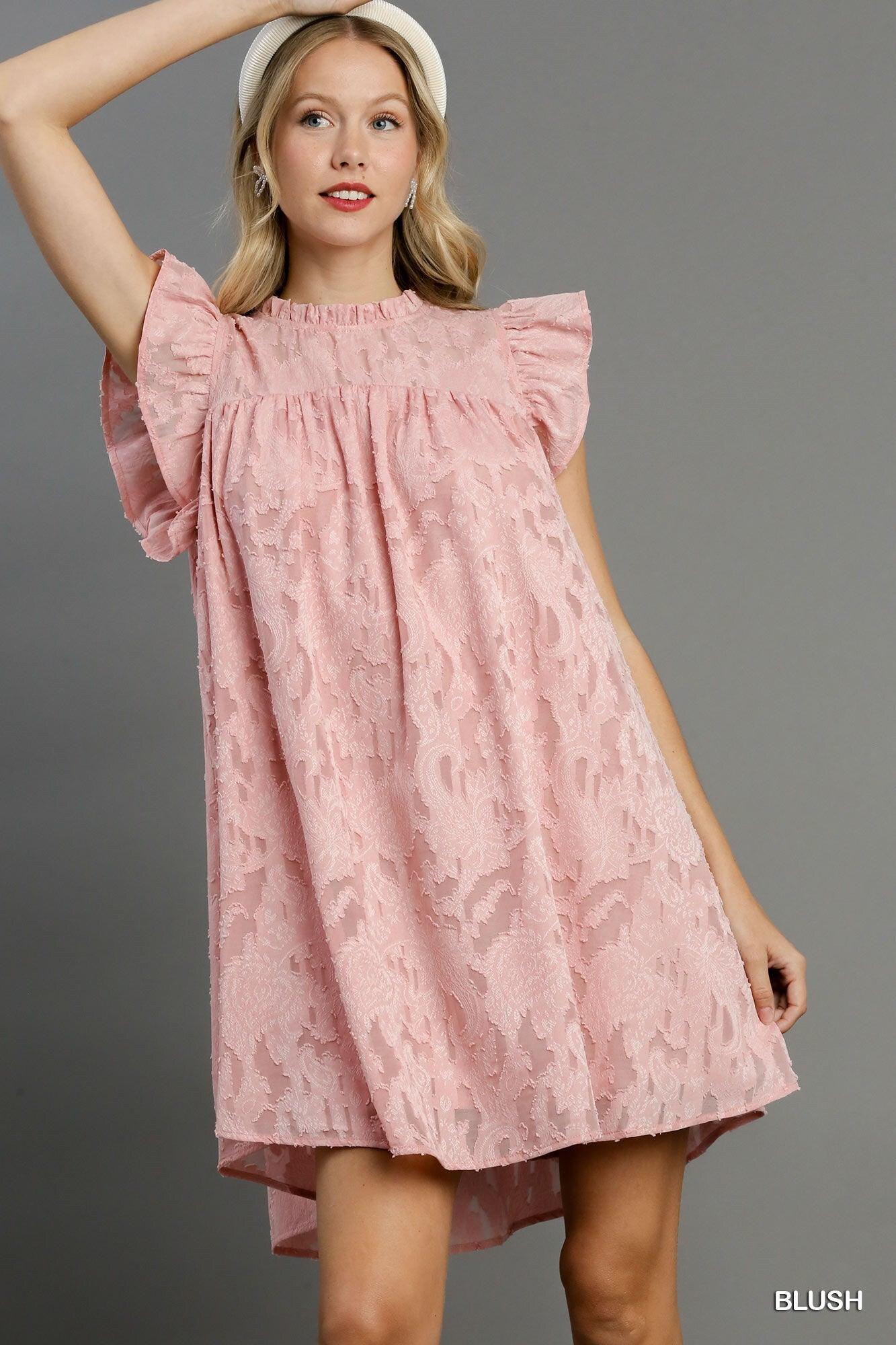 Jacquard Lace Ruffle Short Sleeve Dress With Back Button Keyhole - Clothes For Her Online Store