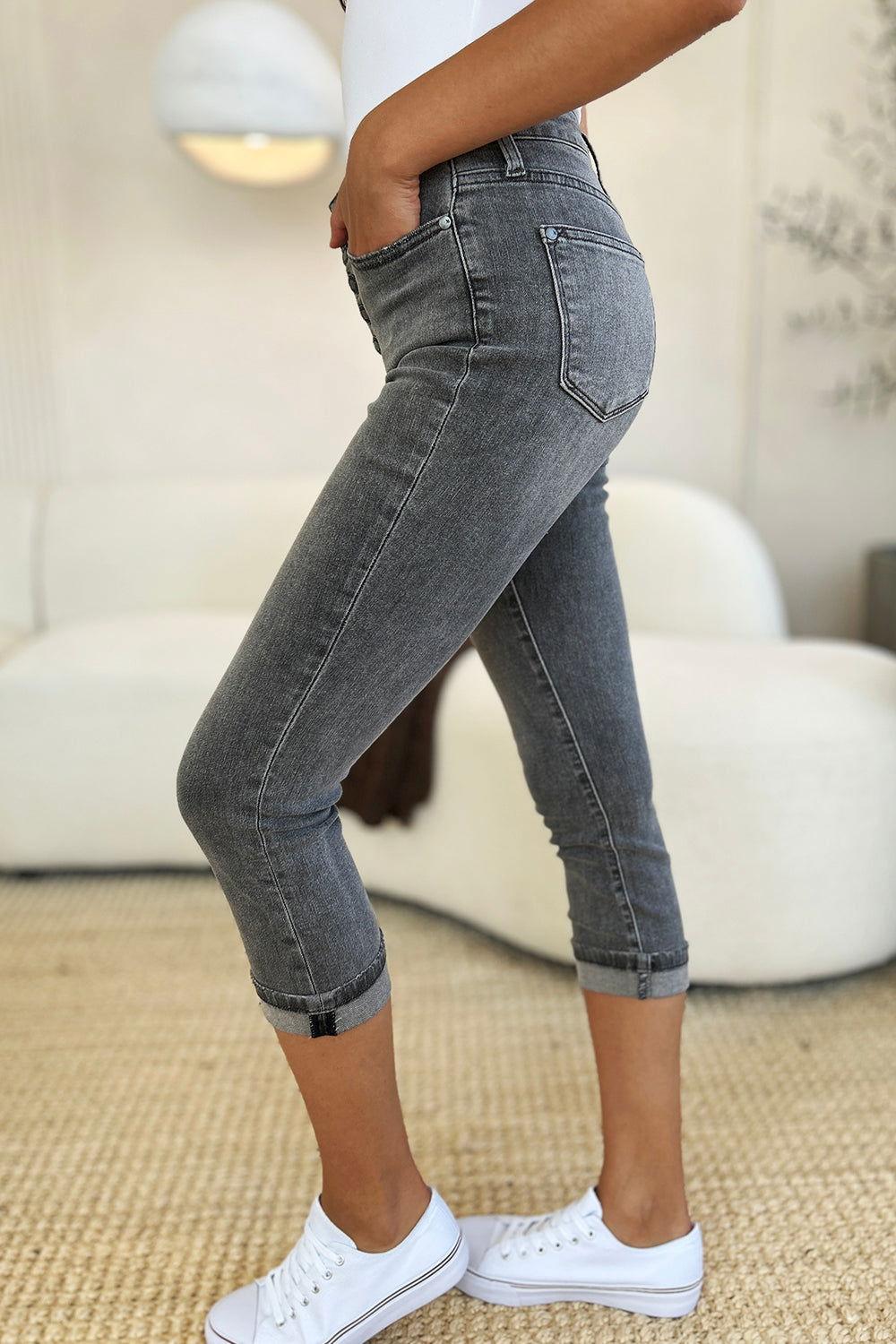 Judy Blue Full Size Button Fly High Waist Cuffed Capris - Clothes For Her Online Store