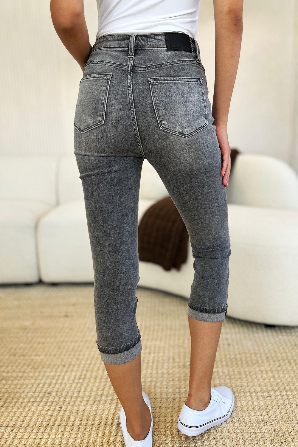 Judy Blue Full Size Button Fly High Waist Cuffed Capris - Clothes For Her Online Store