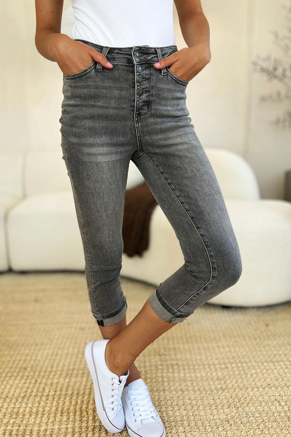 Judy Blue Full Size Button Fly High Waist Cuffed Capris - Clothes For Her Online Store