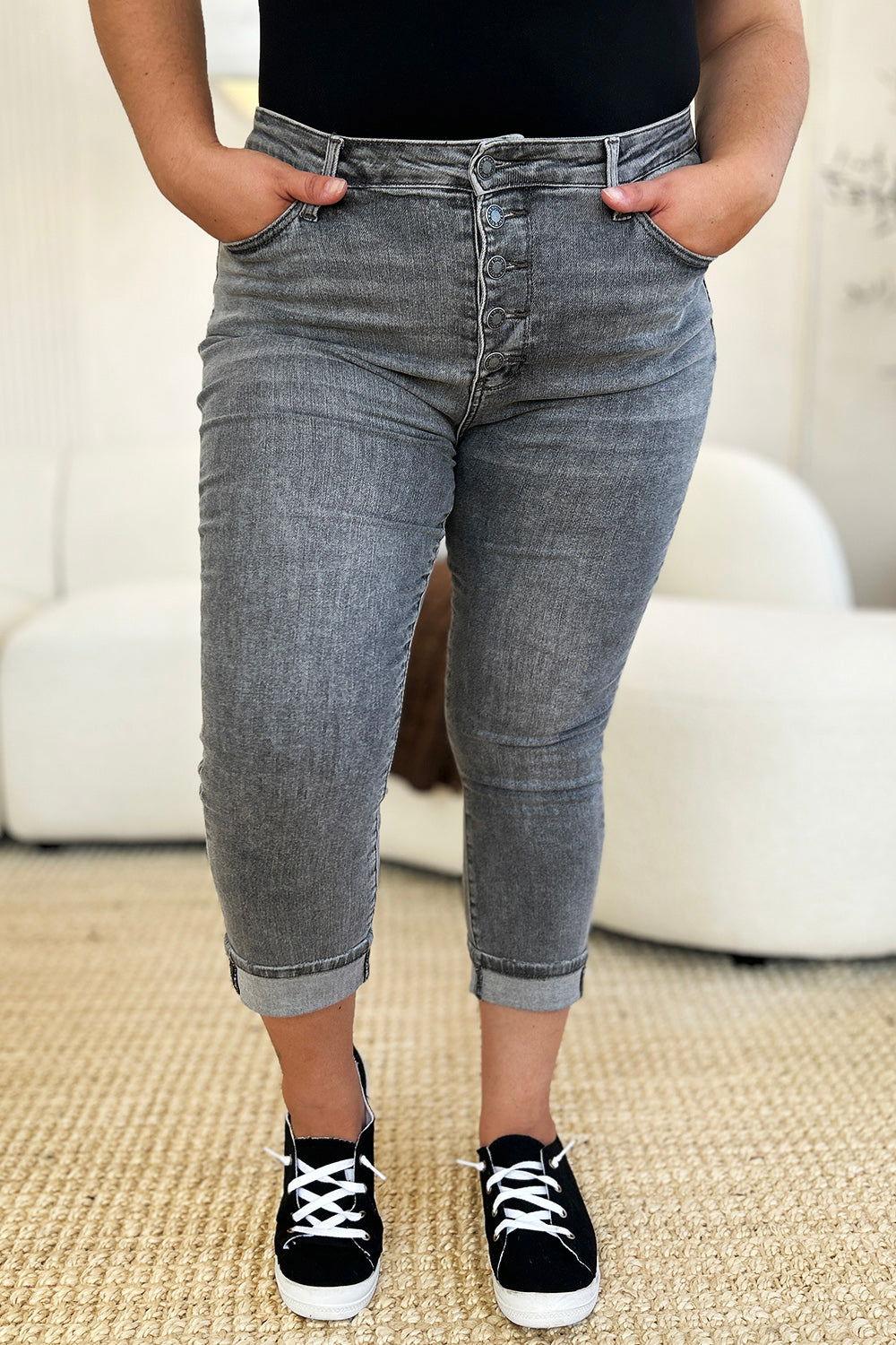 Judy Blue Full Size Button Fly High Waist Cuffed Capris - Clothes For Her Online Store