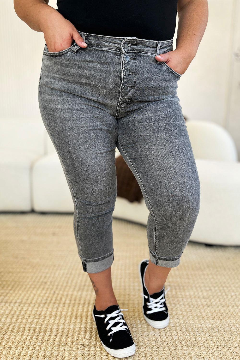 Judy Blue Full Size Button Fly High Waist Cuffed Capris - Clothes For Her Online Store