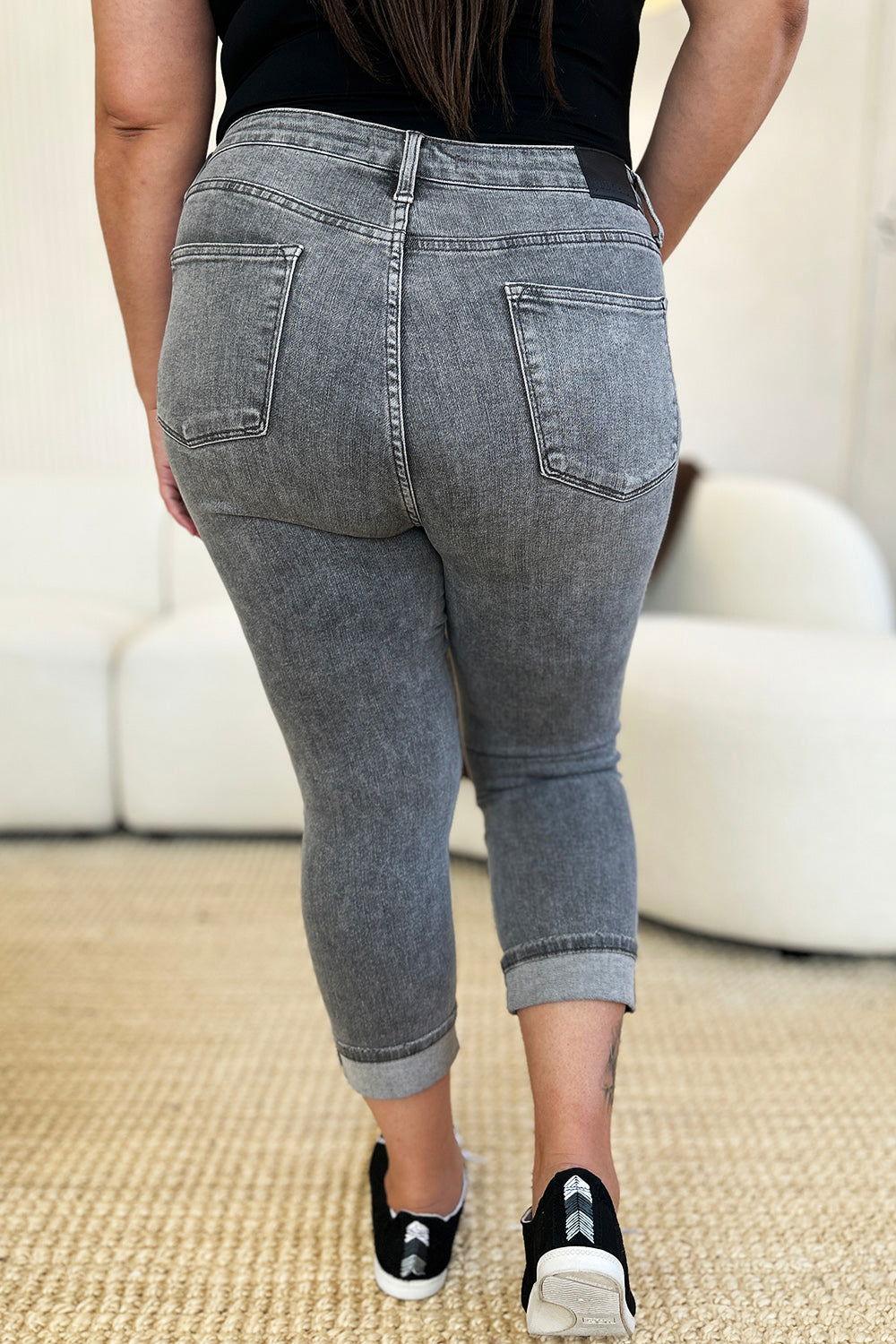 Judy Blue Full Size Button Fly High Waist Cuffed Capris - Clothes For Her Online Store