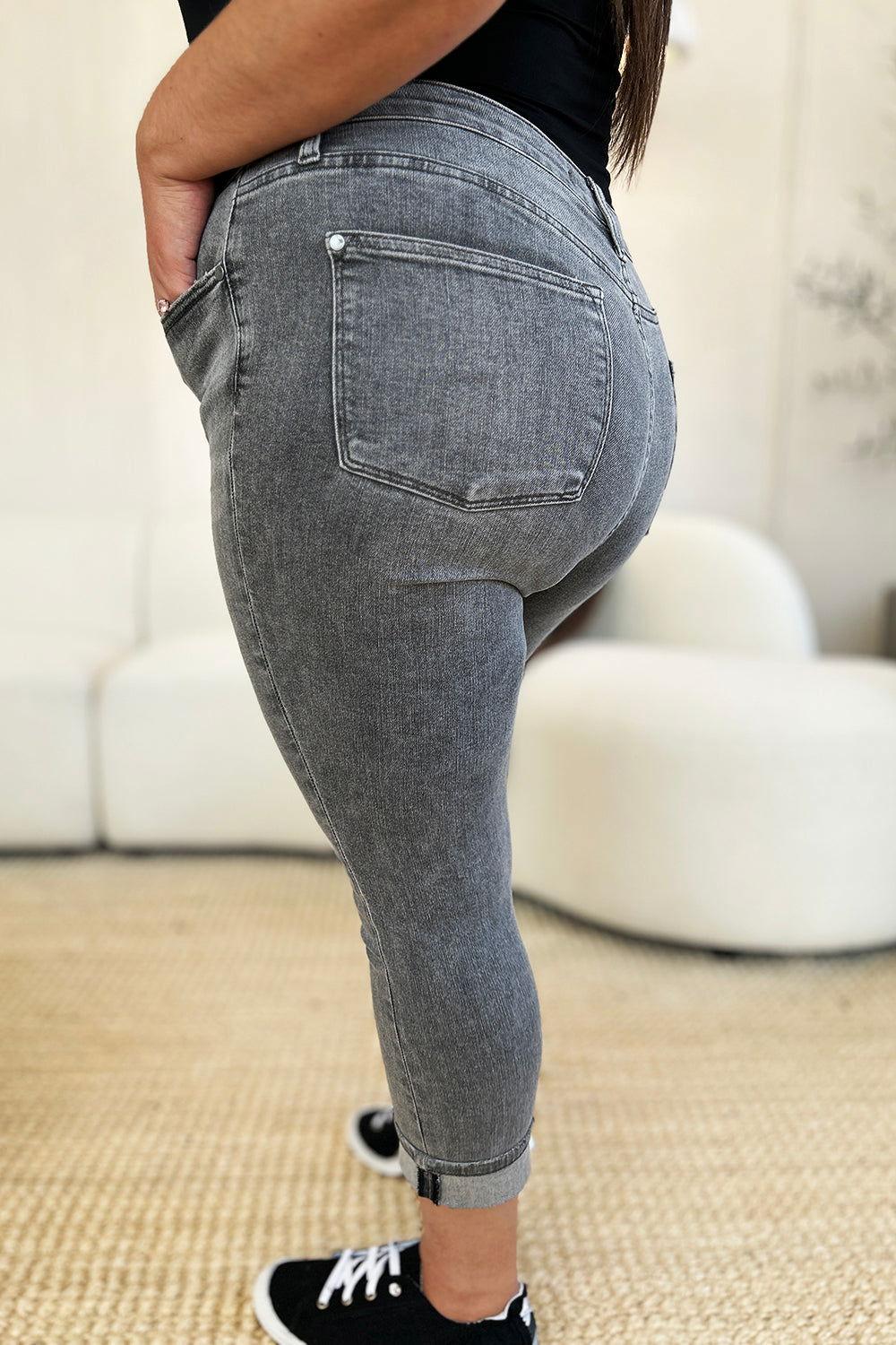 Judy Blue Full Size Button Fly High Waist Cuffed Capris - Clothes For Her Online Store