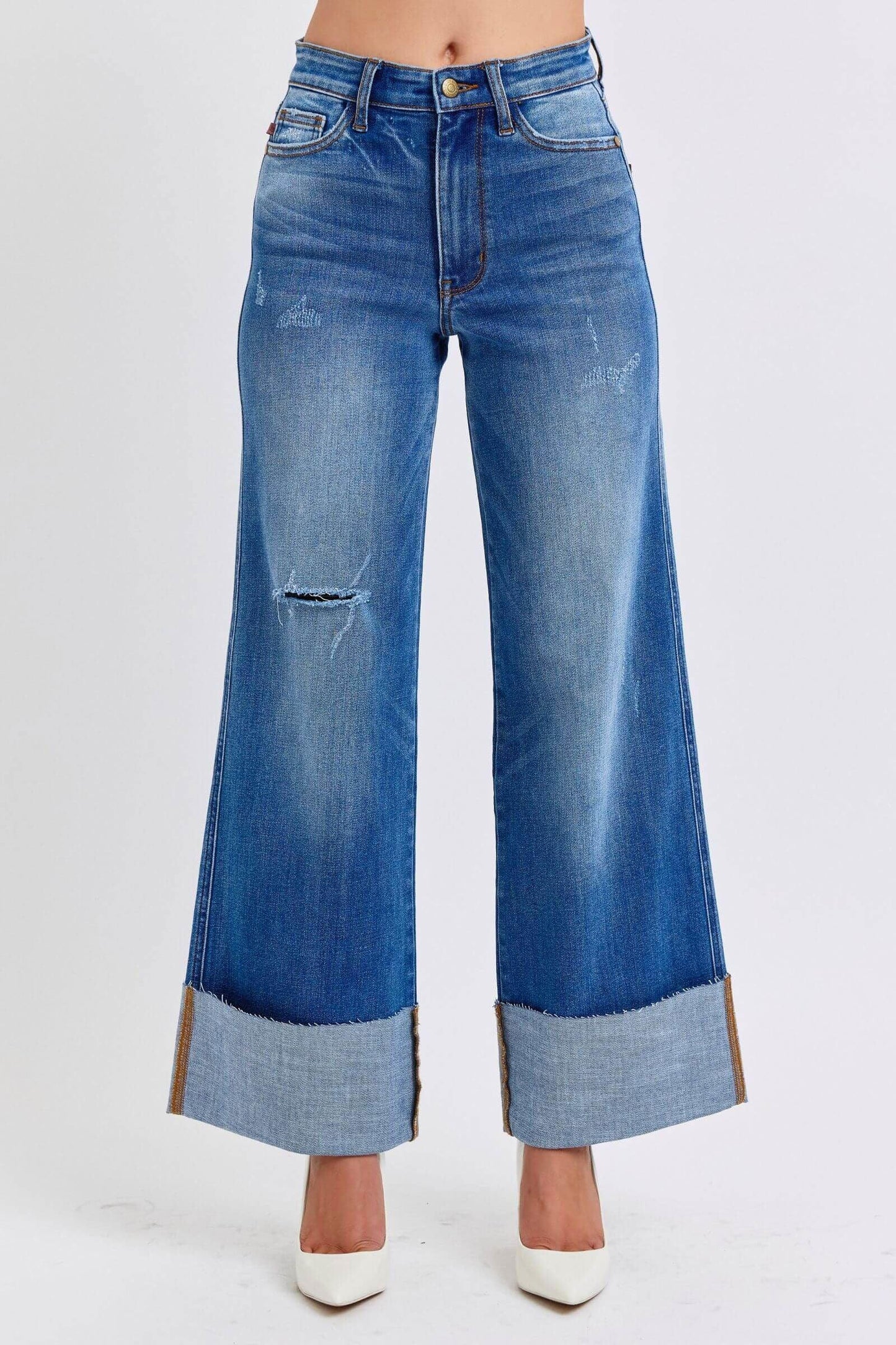 Judy Blue Full Size Distressed High Waist Wide Leg Jeans - Clothes For Her Online Store