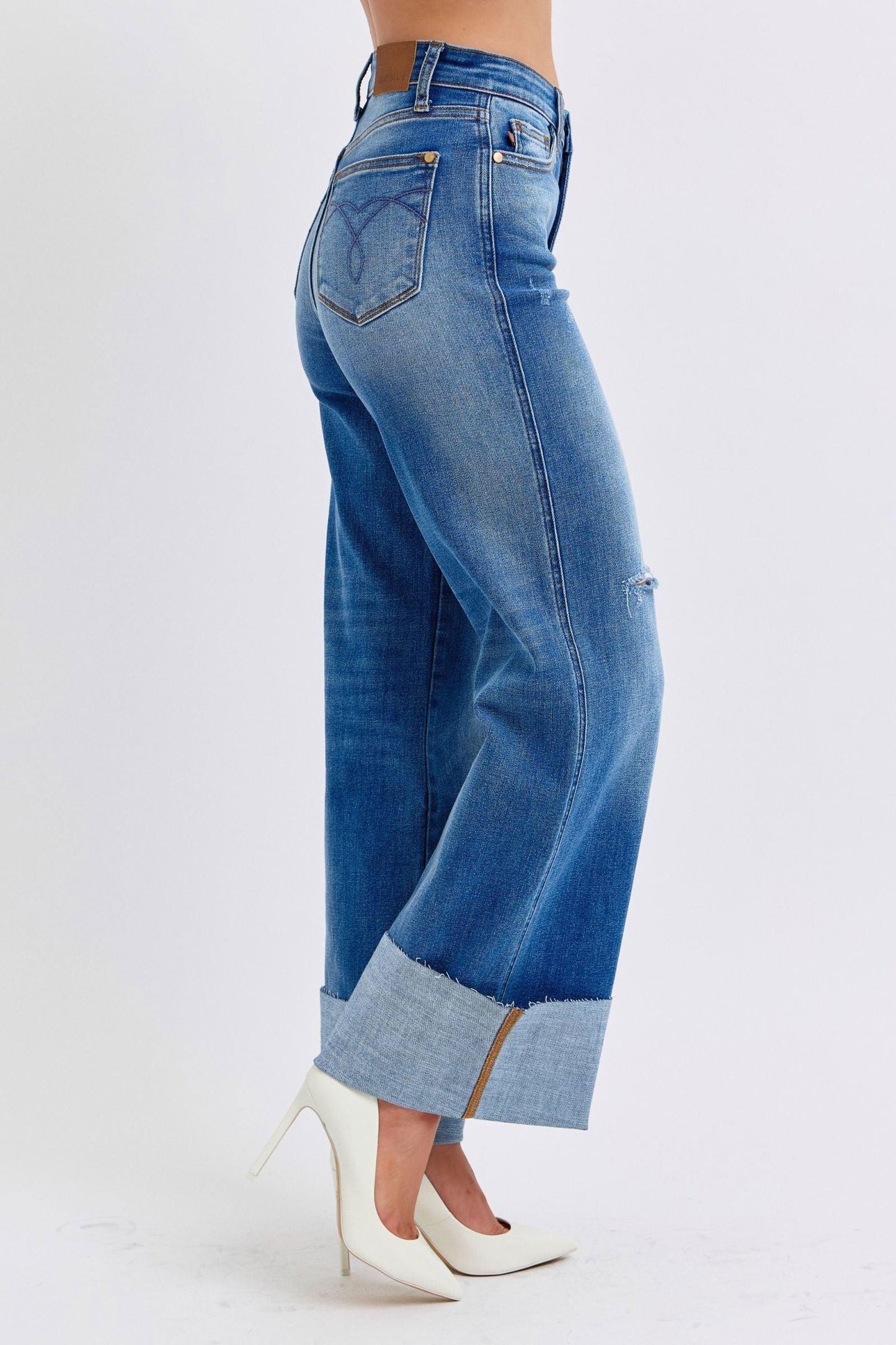 Judy Blue Full Size Distressed High Waist Wide Leg Jeans - Clothes For Her Online Store