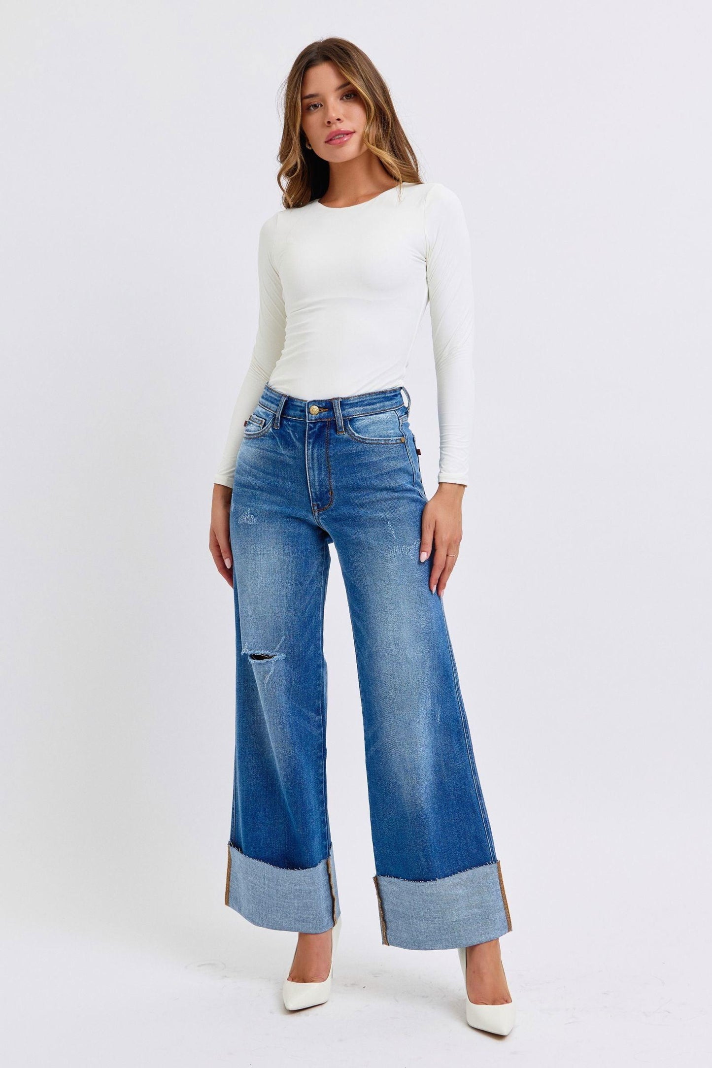 Judy Blue Full Size Distressed High Waist Wide Leg Jeans - Clothes For Her Online Store