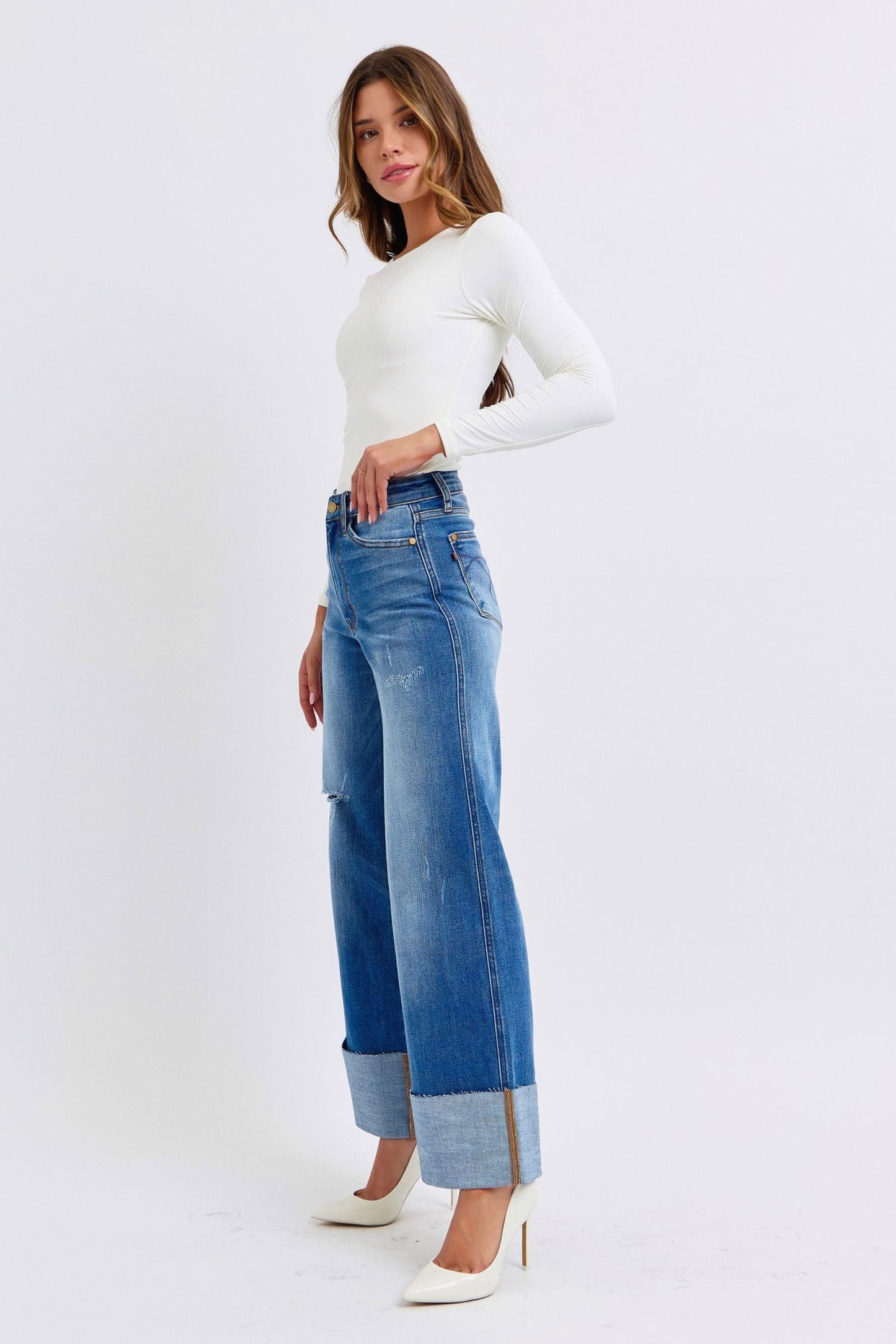 Judy Blue Full Size Distressed High Waist Wide Leg Jeans - Clothes For Her Online Store