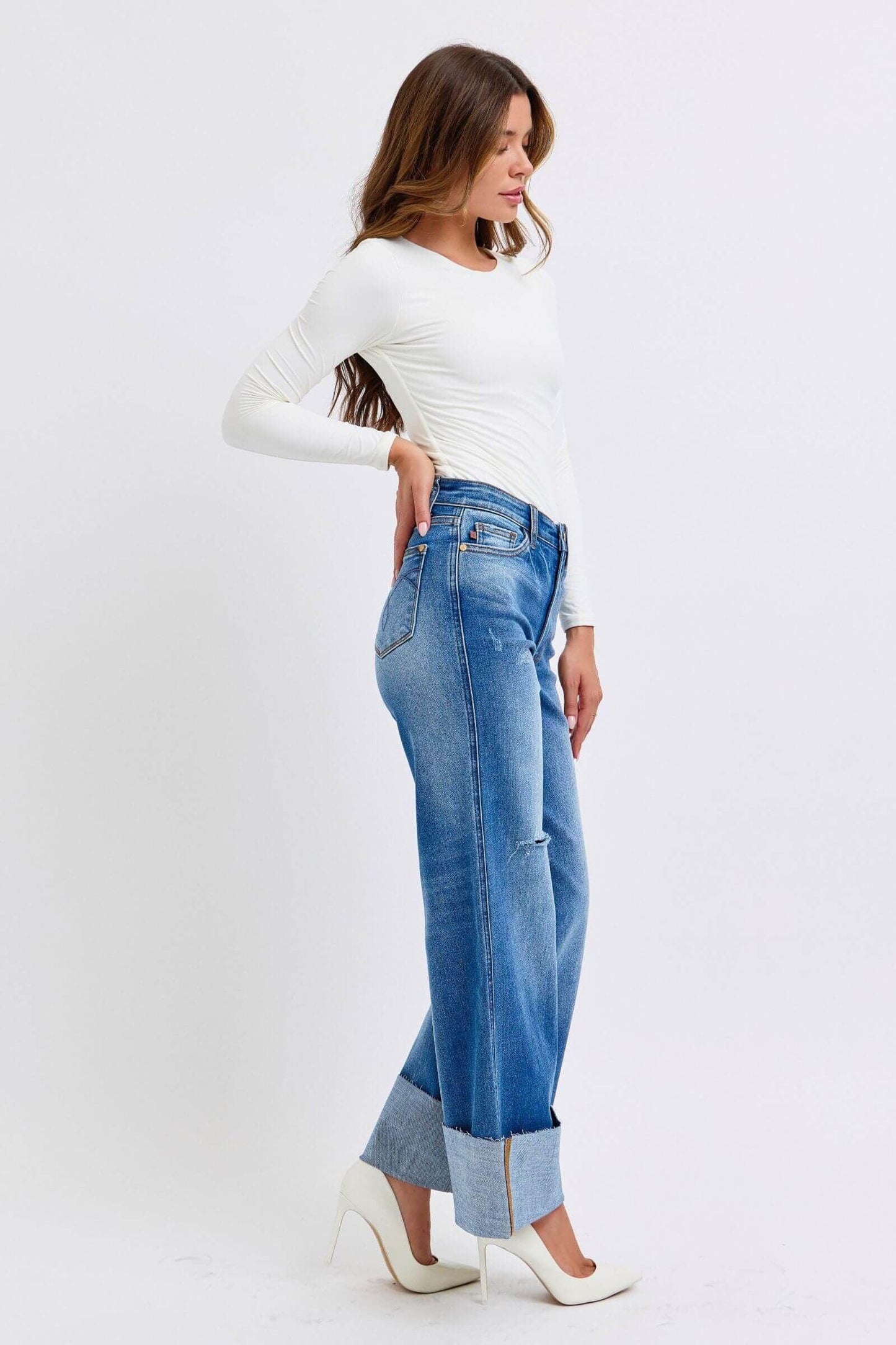 Judy Blue Full Size Distressed High Waist Wide Leg Jeans - Clothes For Her Online Store