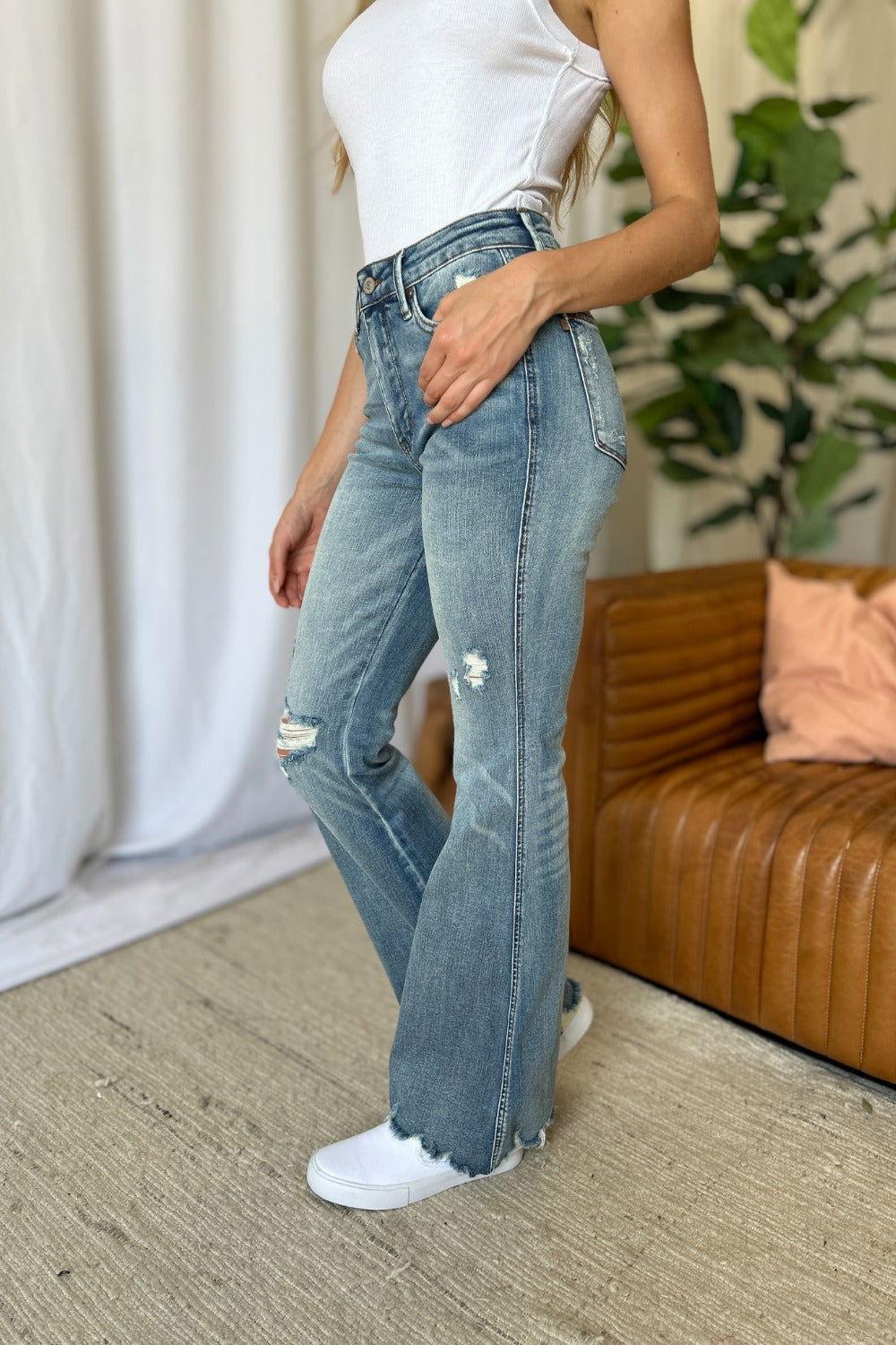 Judy Blue Full Size Medium Rise Tummy Control Destroy Flare - Clothes For Her Online Store