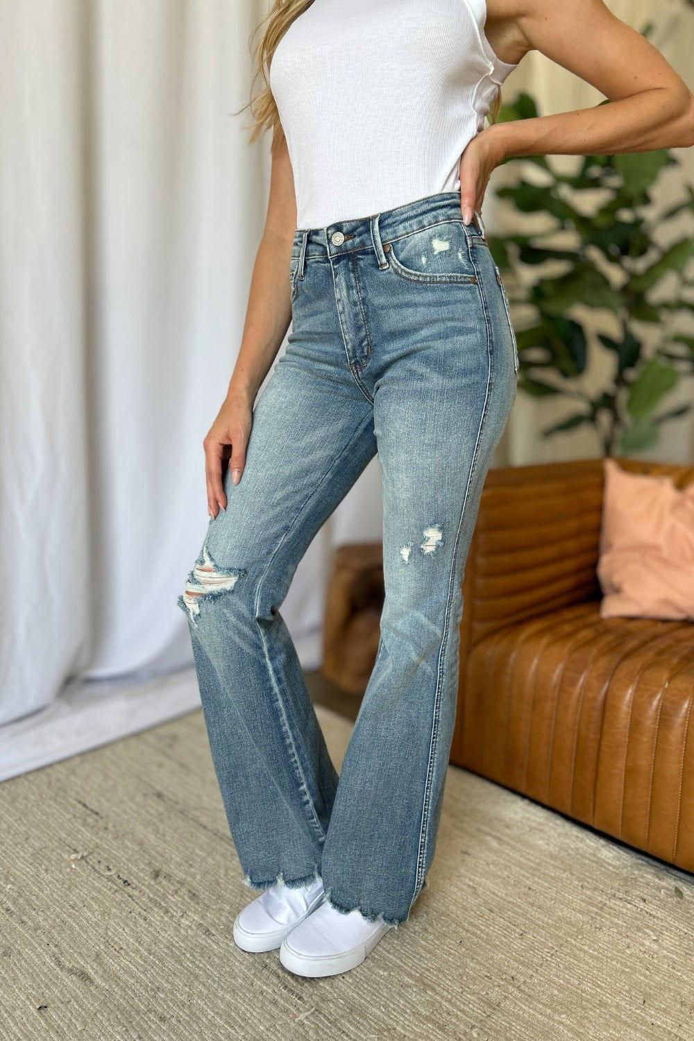 Judy Blue Full Size Medium Rise Tummy Control Destroy Flare - Clothes For Her Online Store