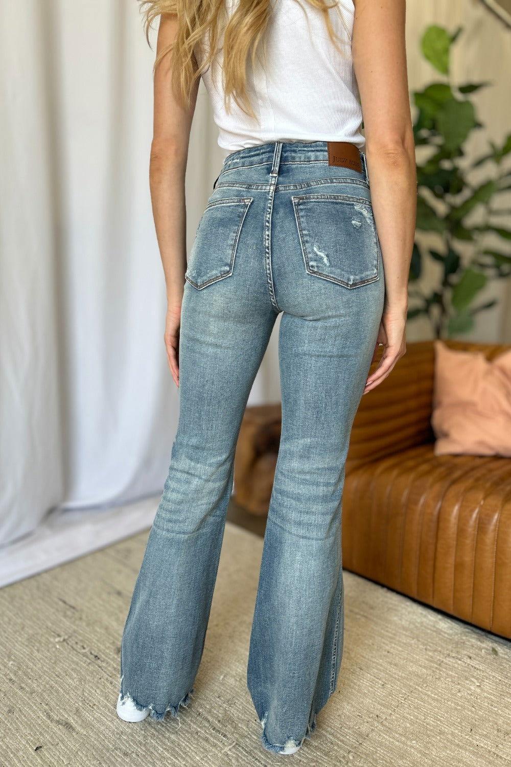 Judy Blue Full Size Medium Rise Tummy Control Destroy Flare - Clothes For Her Online Store