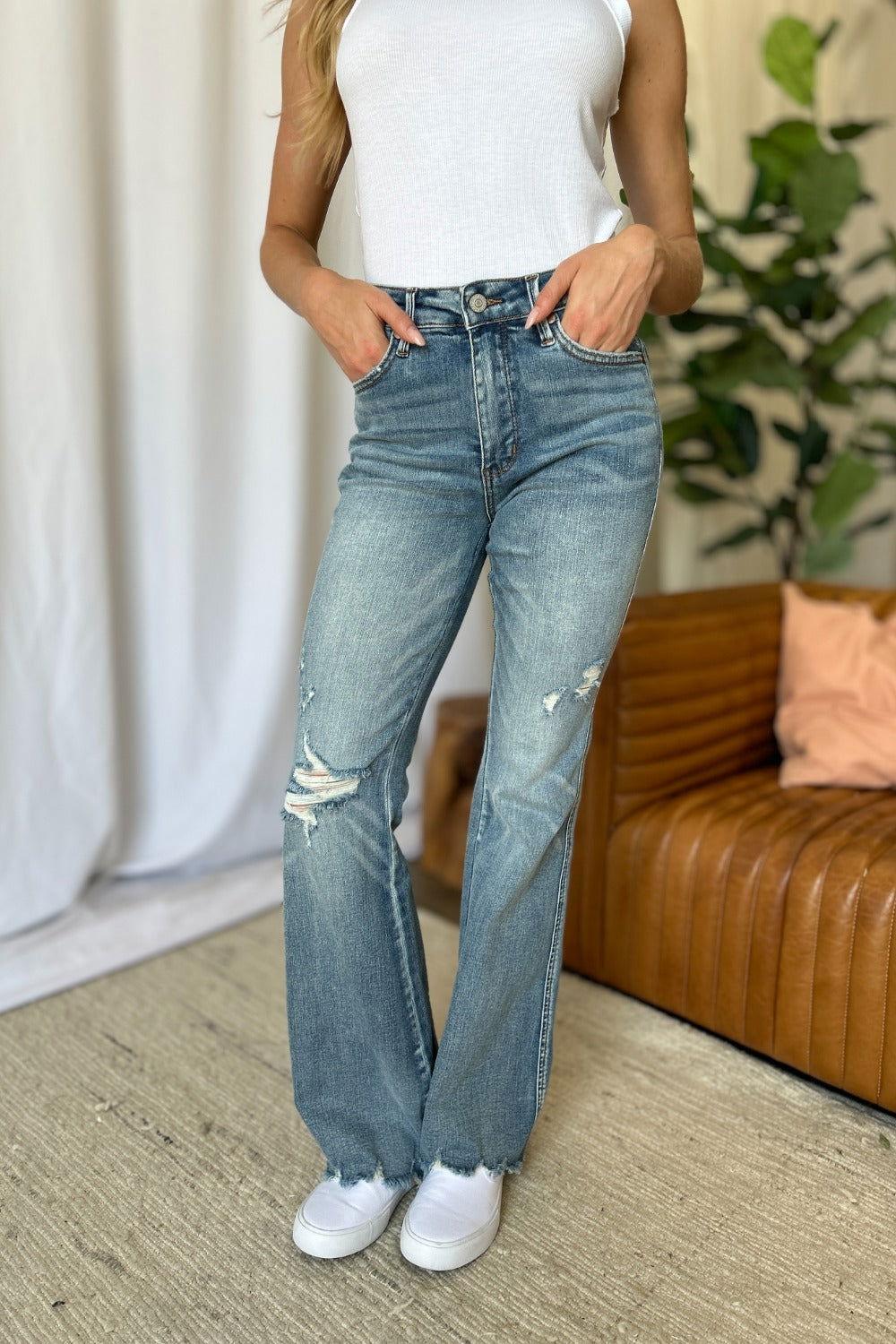 Judy Blue Full Size Medium Rise Tummy Control Destroy Flare - Clothes For Her Online Store