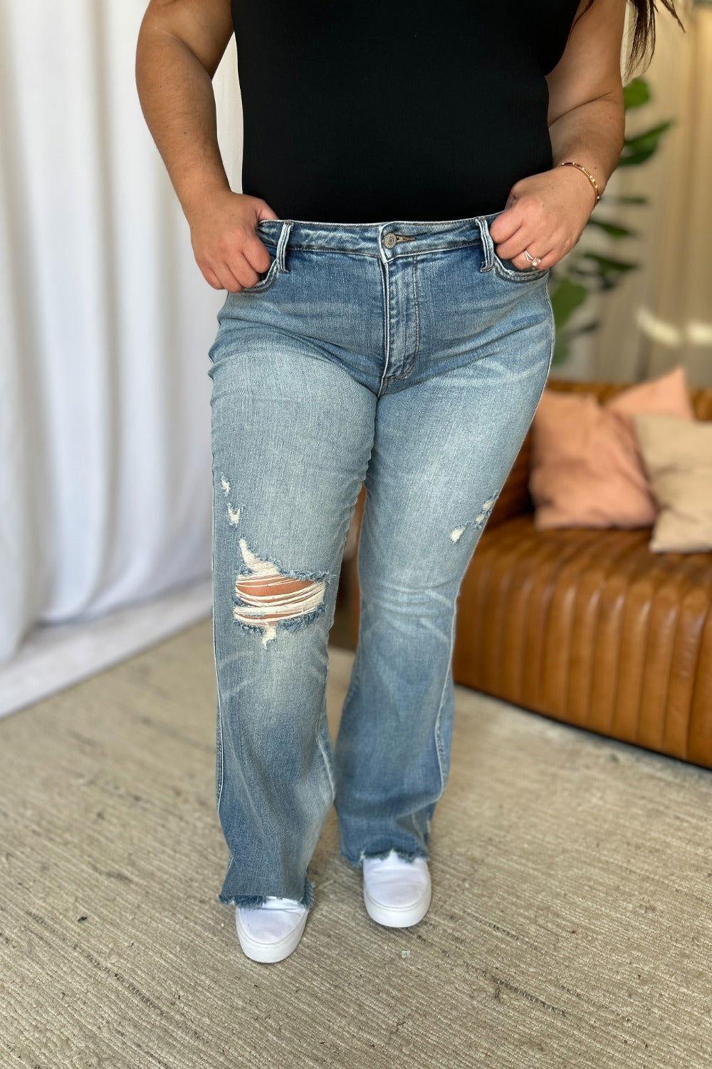 Judy Blue Full Size Medium Rise Tummy Control Destroy Flare - Clothes For Her Online Store