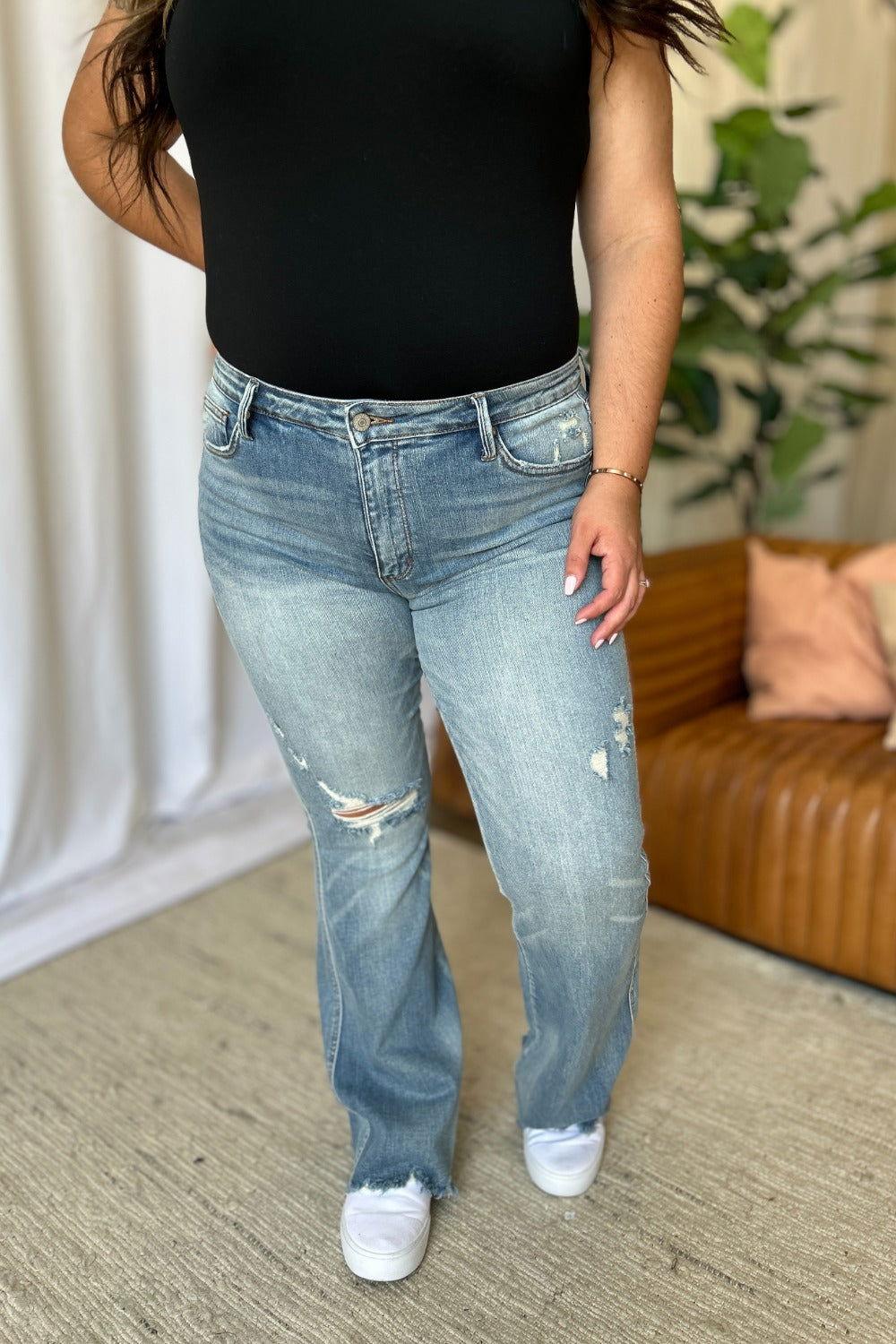 Judy Blue Full Size Medium Rise Tummy Control Destroy Flare - Clothes For Her Online Store