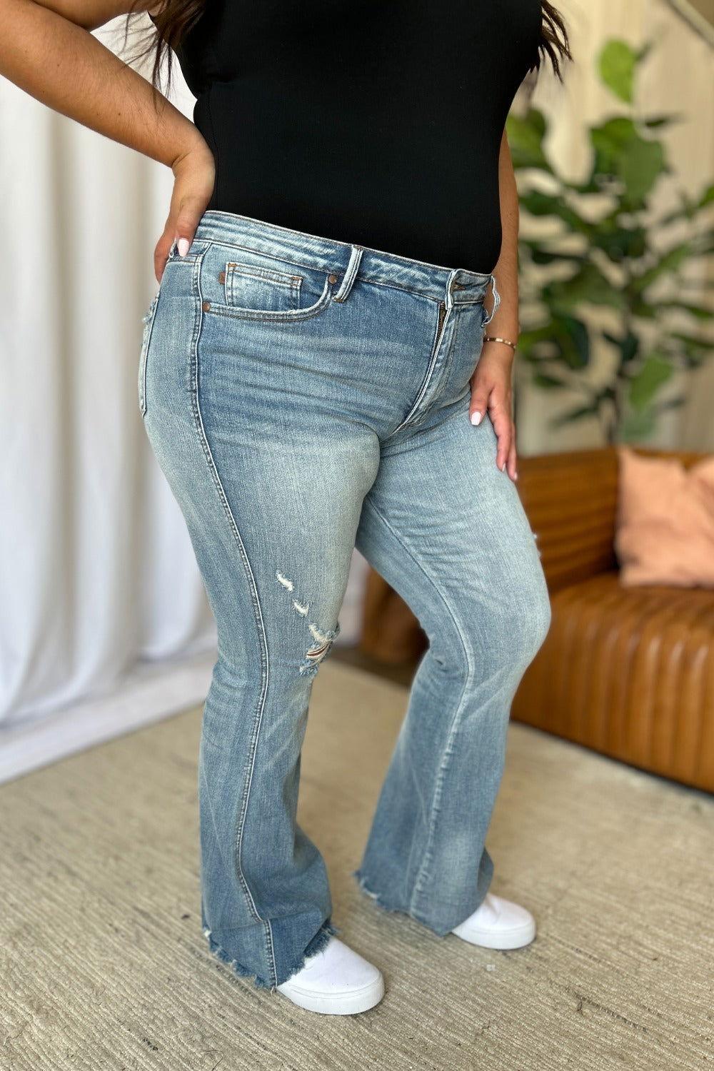 Judy Blue Full Size Medium Rise Tummy Control Destroy Flare - Clothes For Her Online Store