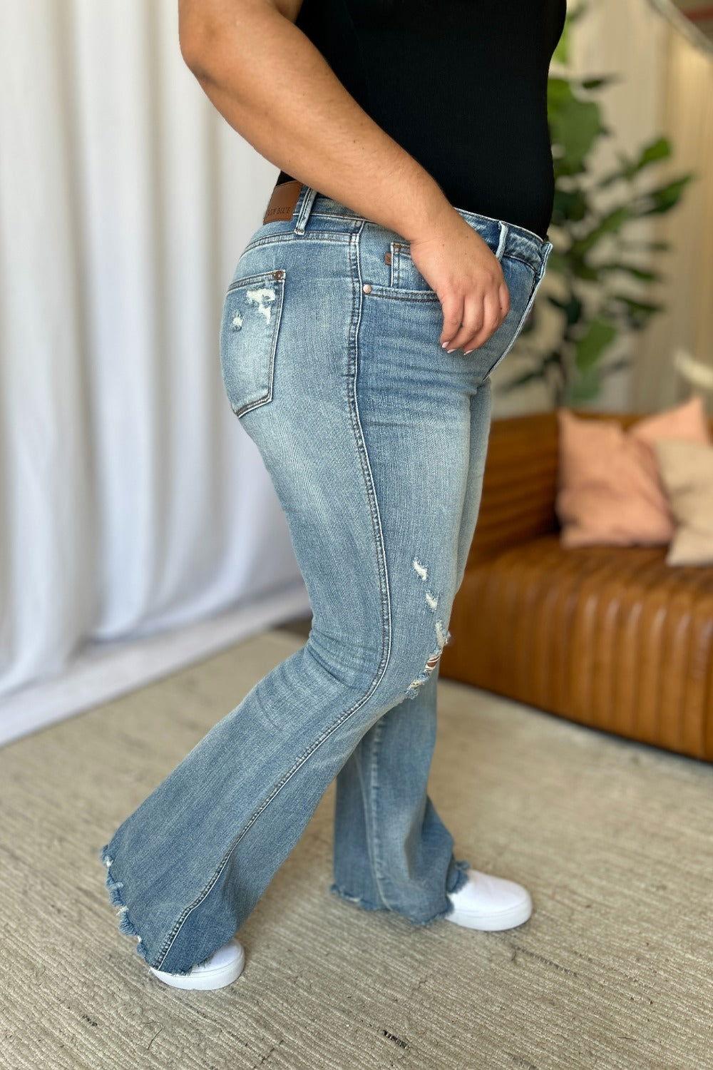 Judy Blue Full Size Medium Rise Tummy Control Destroy Flare - Clothes For Her Online Store