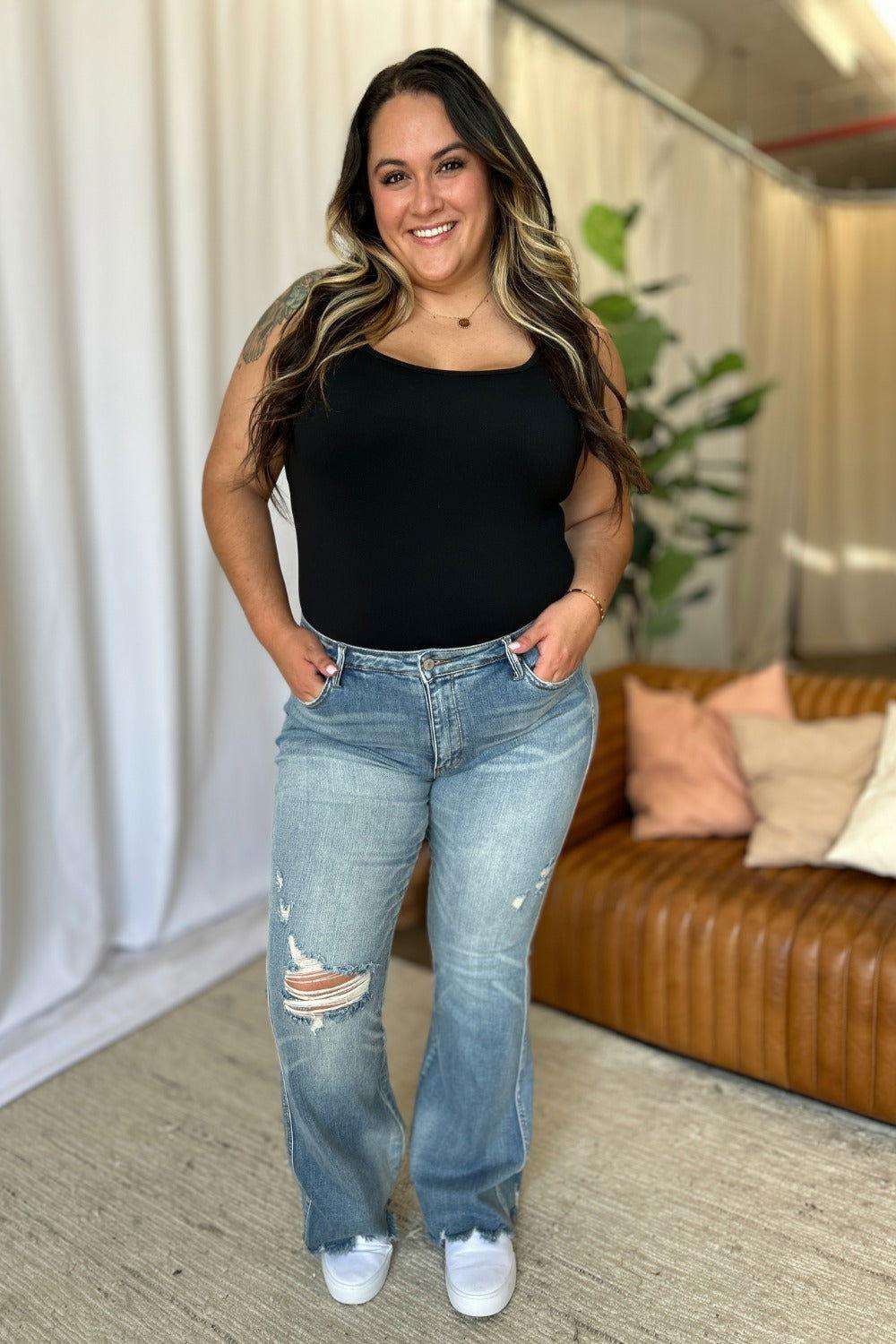 Judy Blue Full Size Medium Rise Tummy Control Destroy Flare - Clothes For Her Online Store