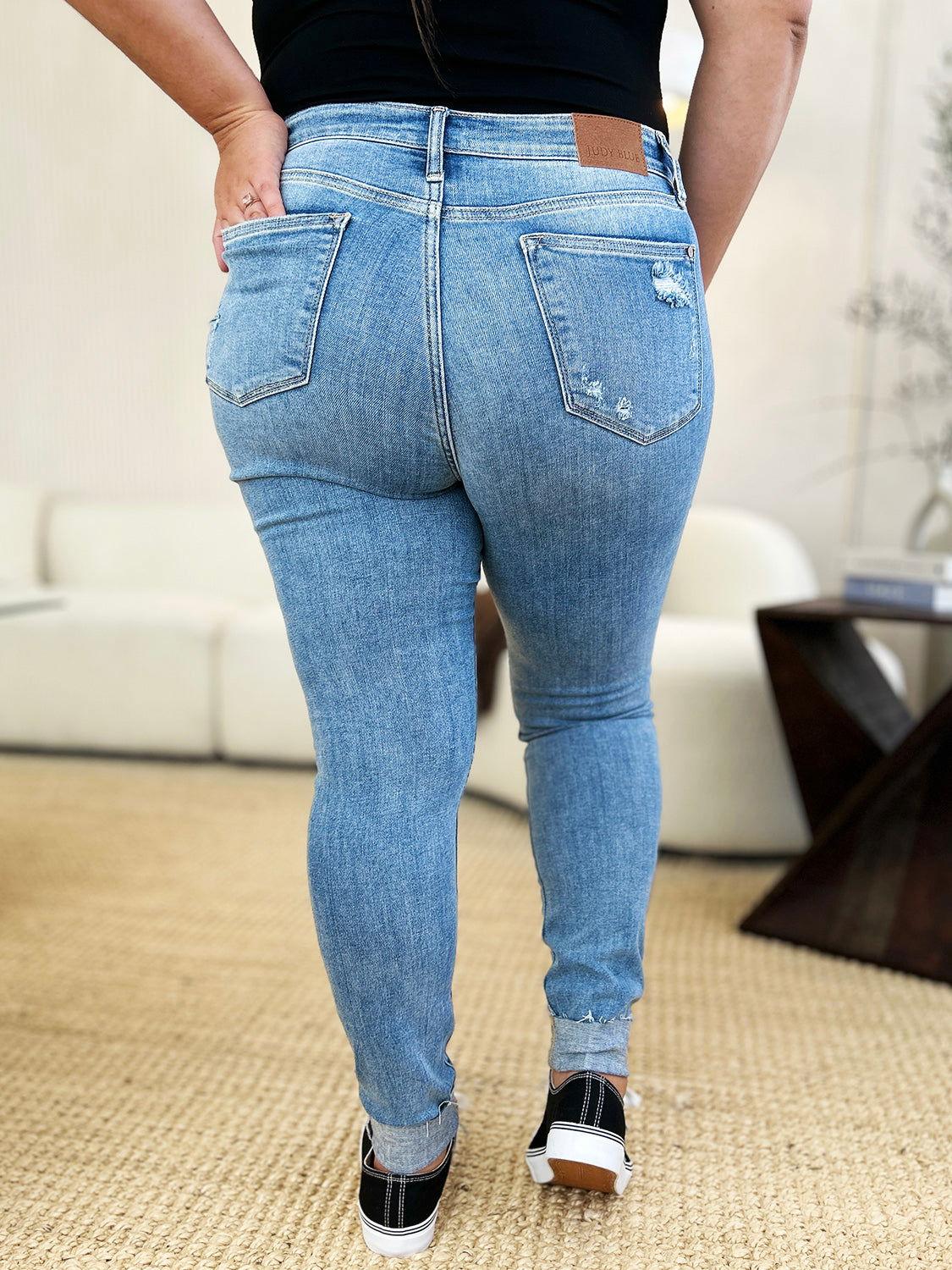 Judy Blue Full Size Mid Rise Destroy & Cuff Skinny Jeans - Clothes For Her Online Store