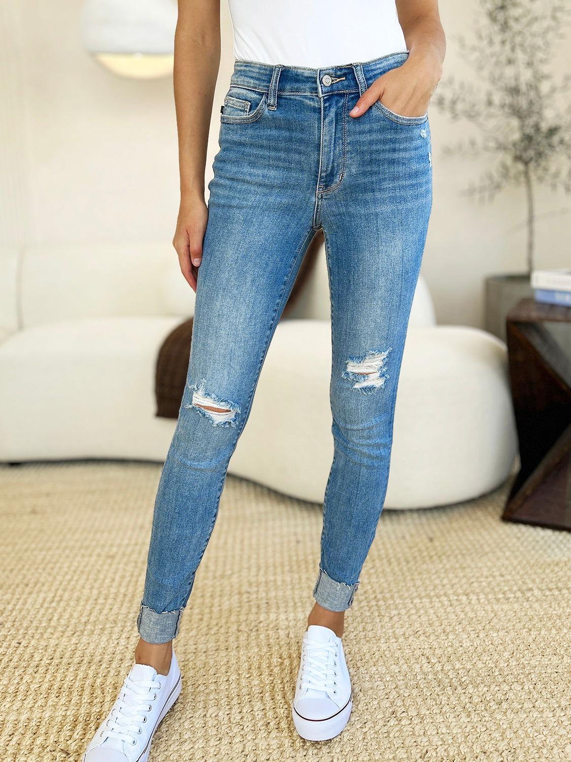 Judy Blue Full Size Mid Rise Destroy & Cuff Skinny Jeans - Clothes For Her Online Store