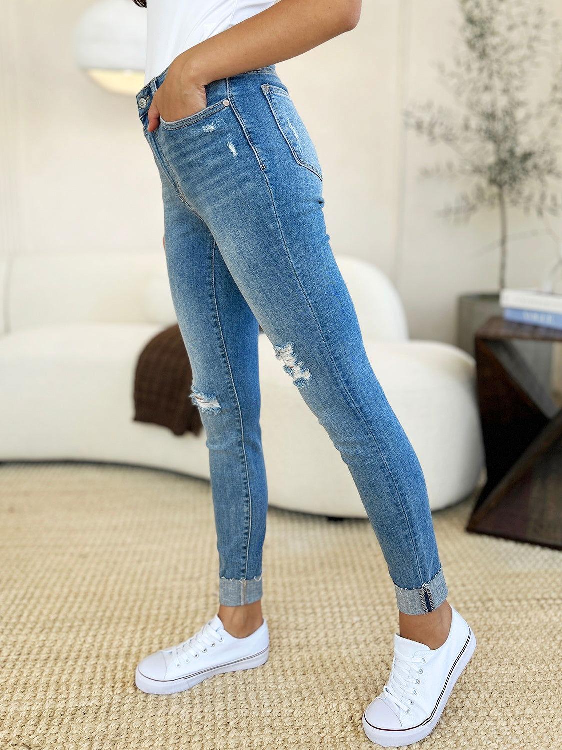 Judy Blue Full Size Mid Rise Destroy & Cuff Skinny Jeans - Clothes For Her Online Store