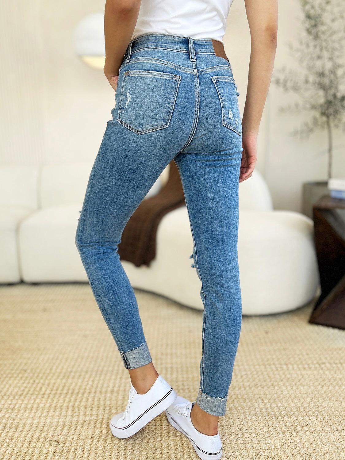 Judy Blue Full Size Mid Rise Destroy & Cuff Skinny Jeans - Clothes For Her Online Store
