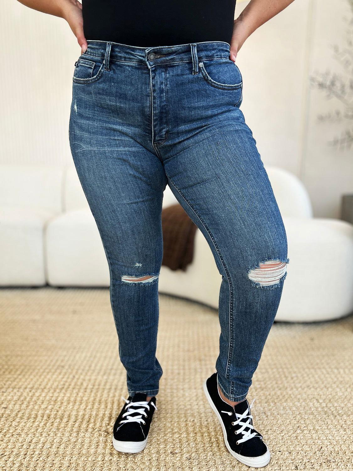 Judy Blue Full Size Mid Waist Distressed Slim Jeans - Clothes For Her Online Store