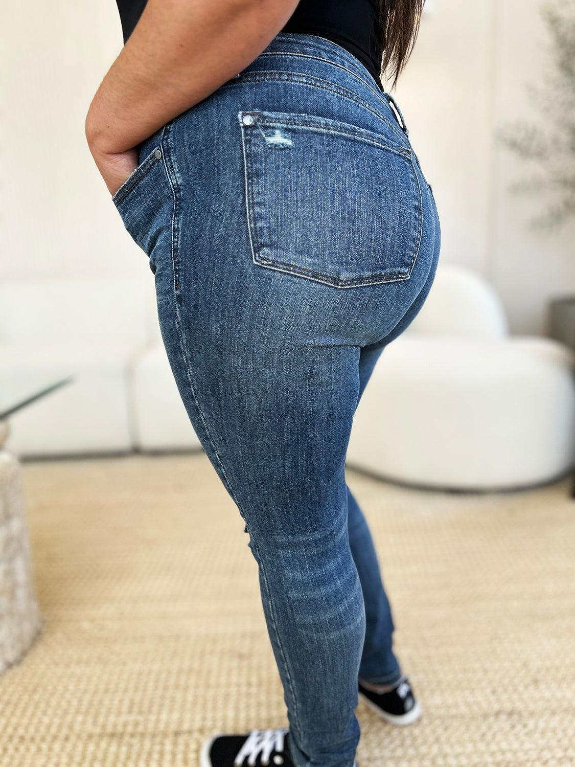 Judy Blue Full Size Mid Waist Distressed Slim Jeans - Clothes For Her Online Store