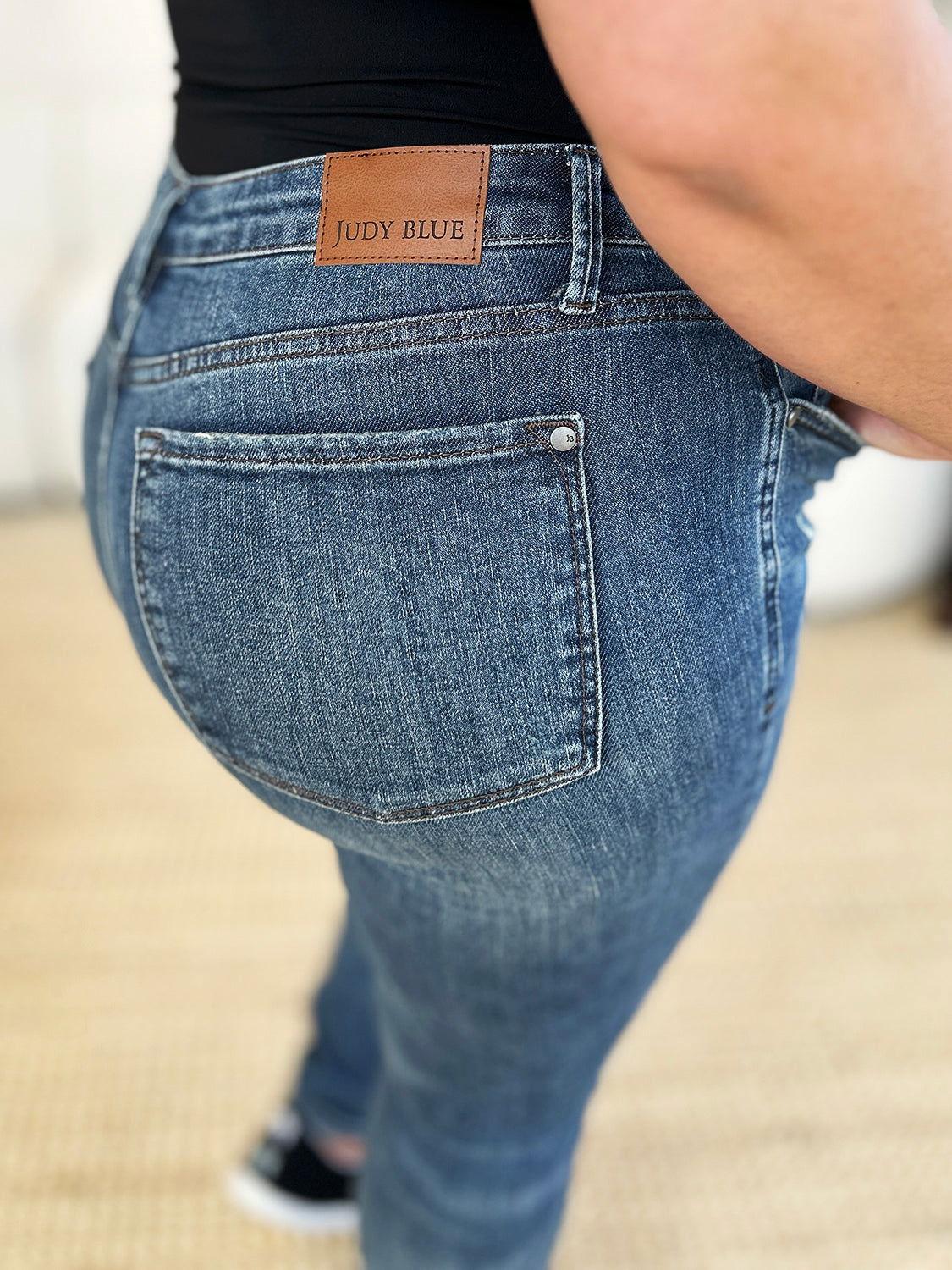 Judy Blue Full Size Mid Waist Distressed Slim Jeans - Clothes For Her Online Store