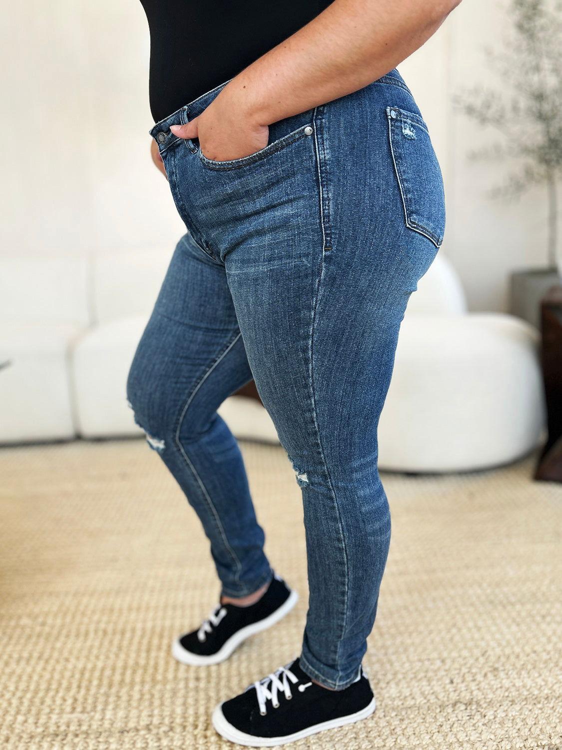 Judy Blue Full Size Mid Waist Distressed Slim Jeans - Clothes For Her Online Store
