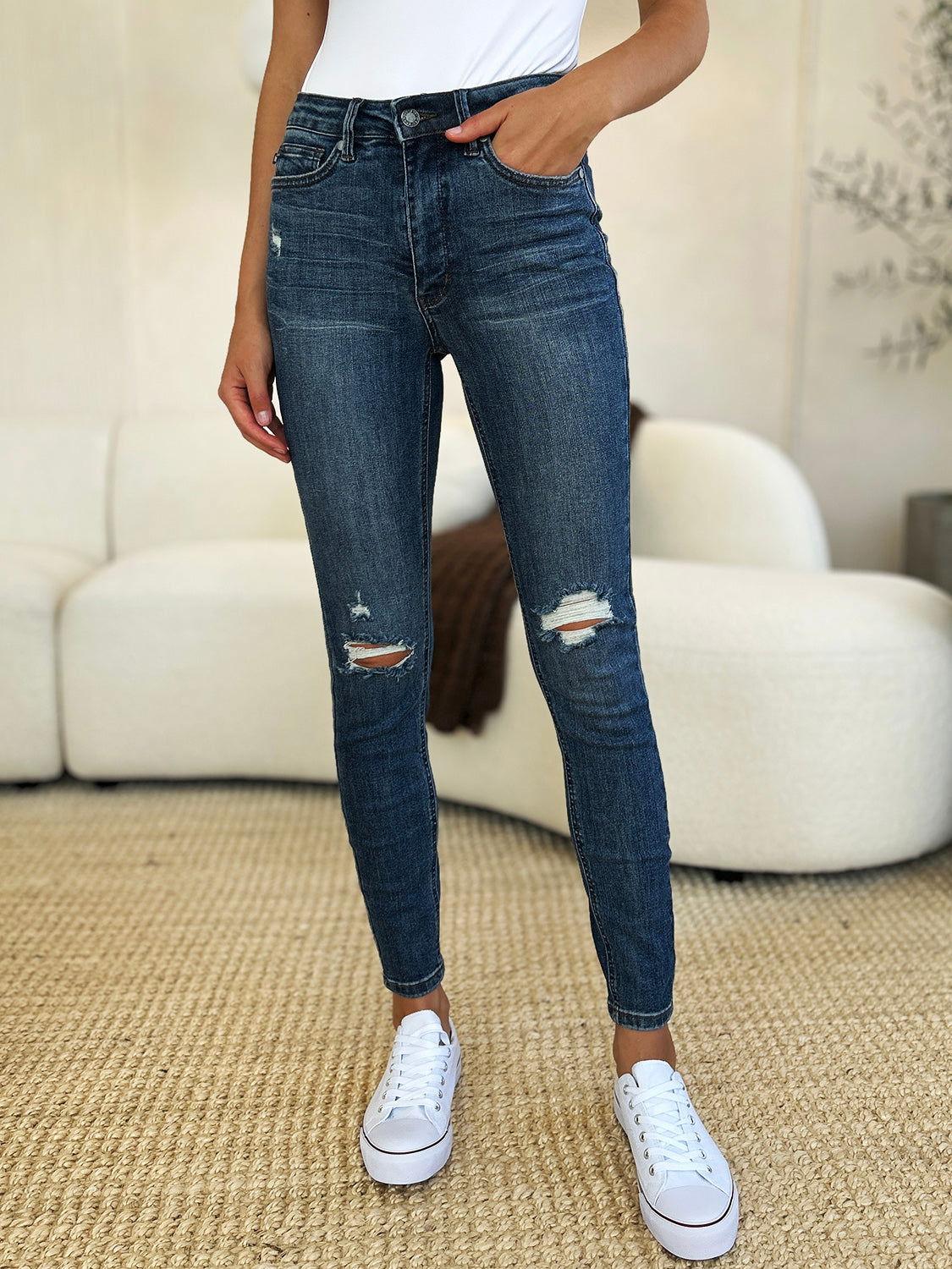 Judy Blue Full Size Mid Waist Distressed Slim Jeans - Clothes For Her Online Store