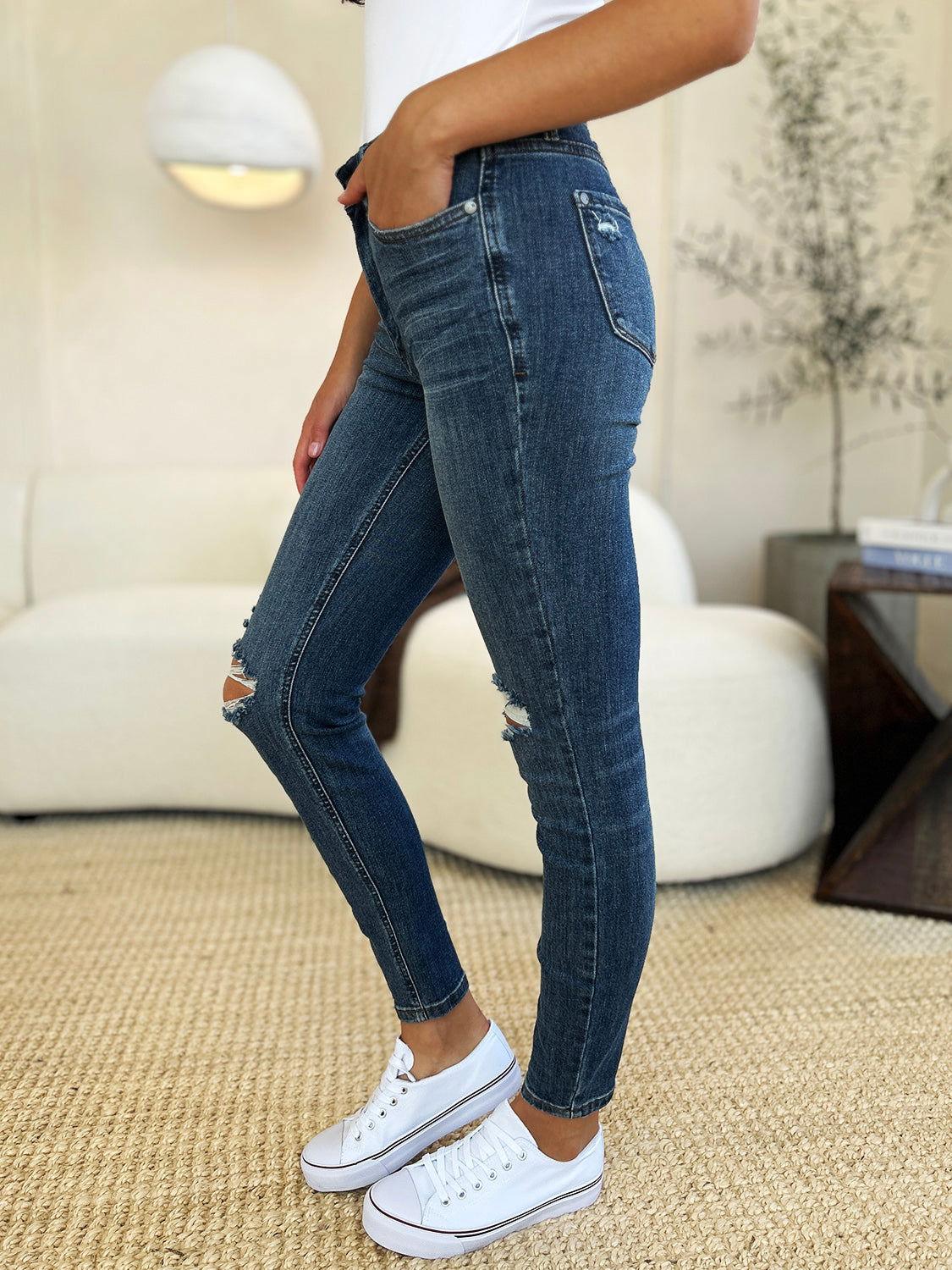Judy Blue Full Size Mid Waist Distressed Slim Jeans - Clothes For Her Online Store