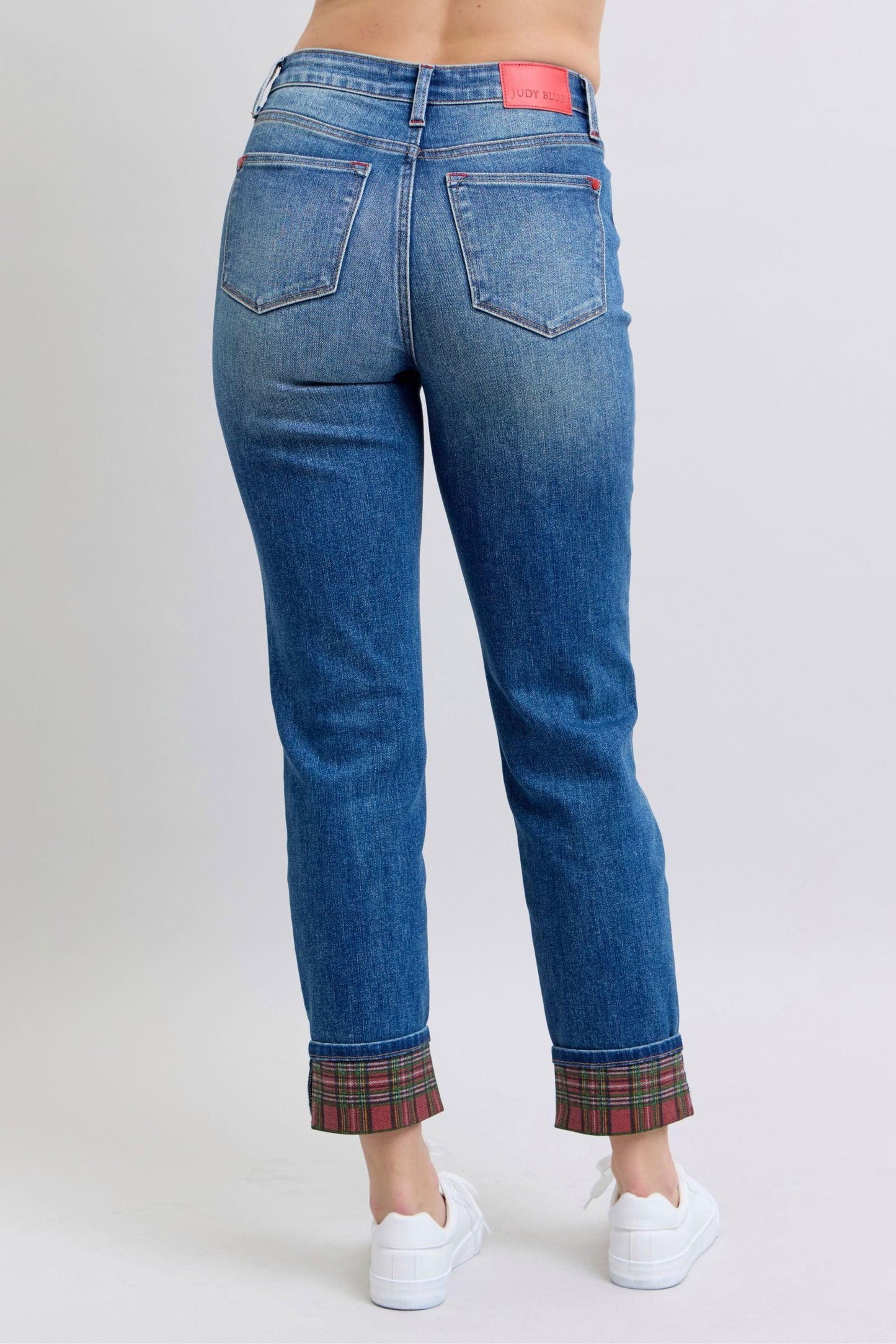 Judy Blue Full Size Plaid Print Cuff Straight Leg Jeans with Pockets - Clothes For Her Online Store