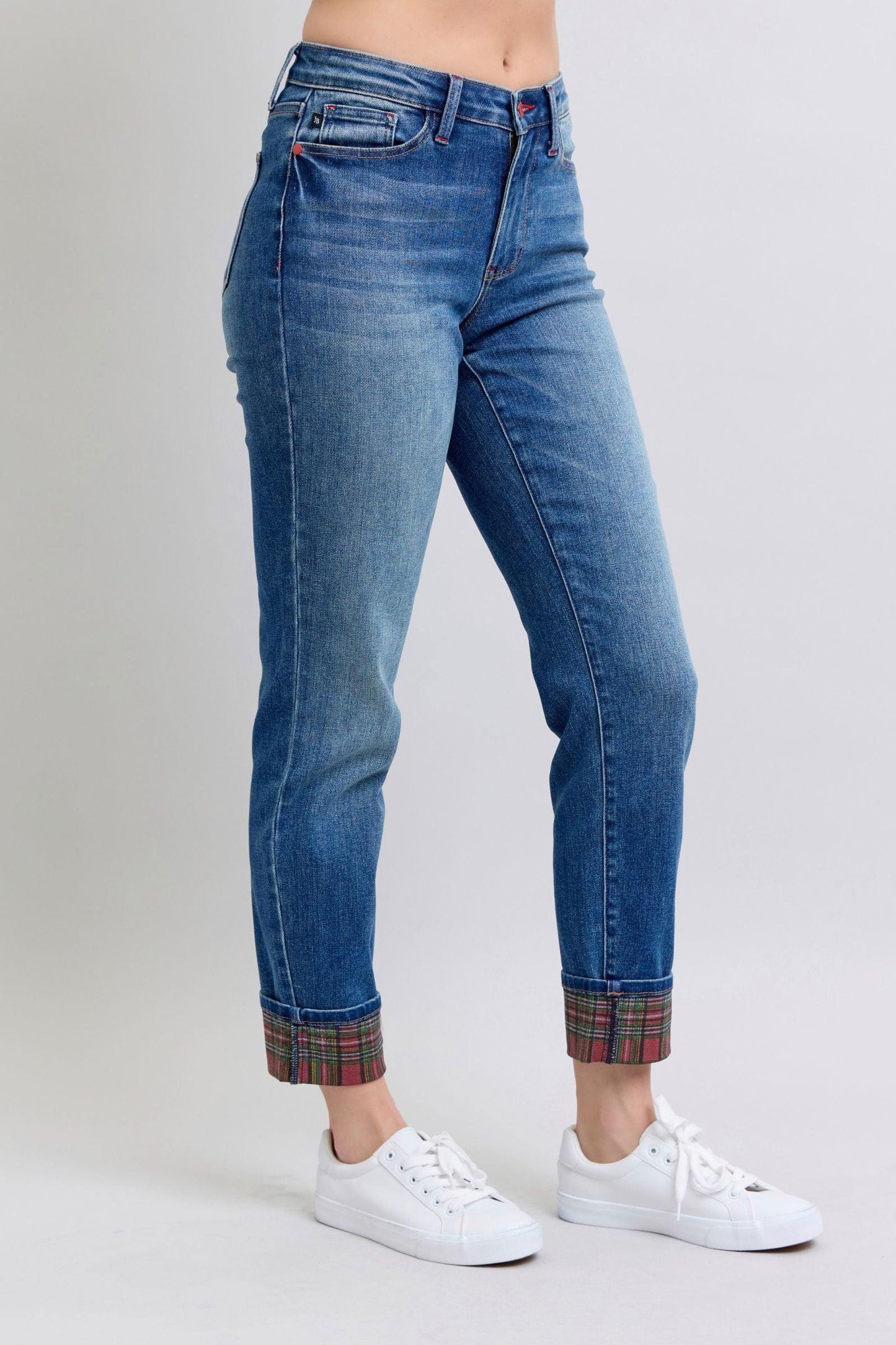 Judy Blue Full Size Plaid Print Cuff Straight Leg Jeans with Pockets - Clothes For Her Online Store