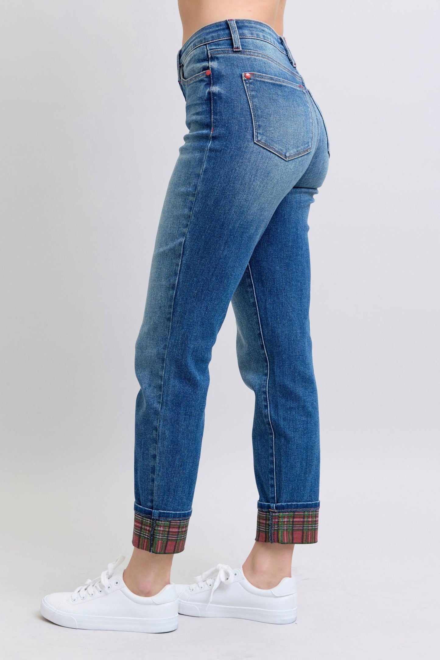 Judy Blue Full Size Plaid Print Cuff Straight Leg Jeans with Pockets - Clothes For Her Online Store