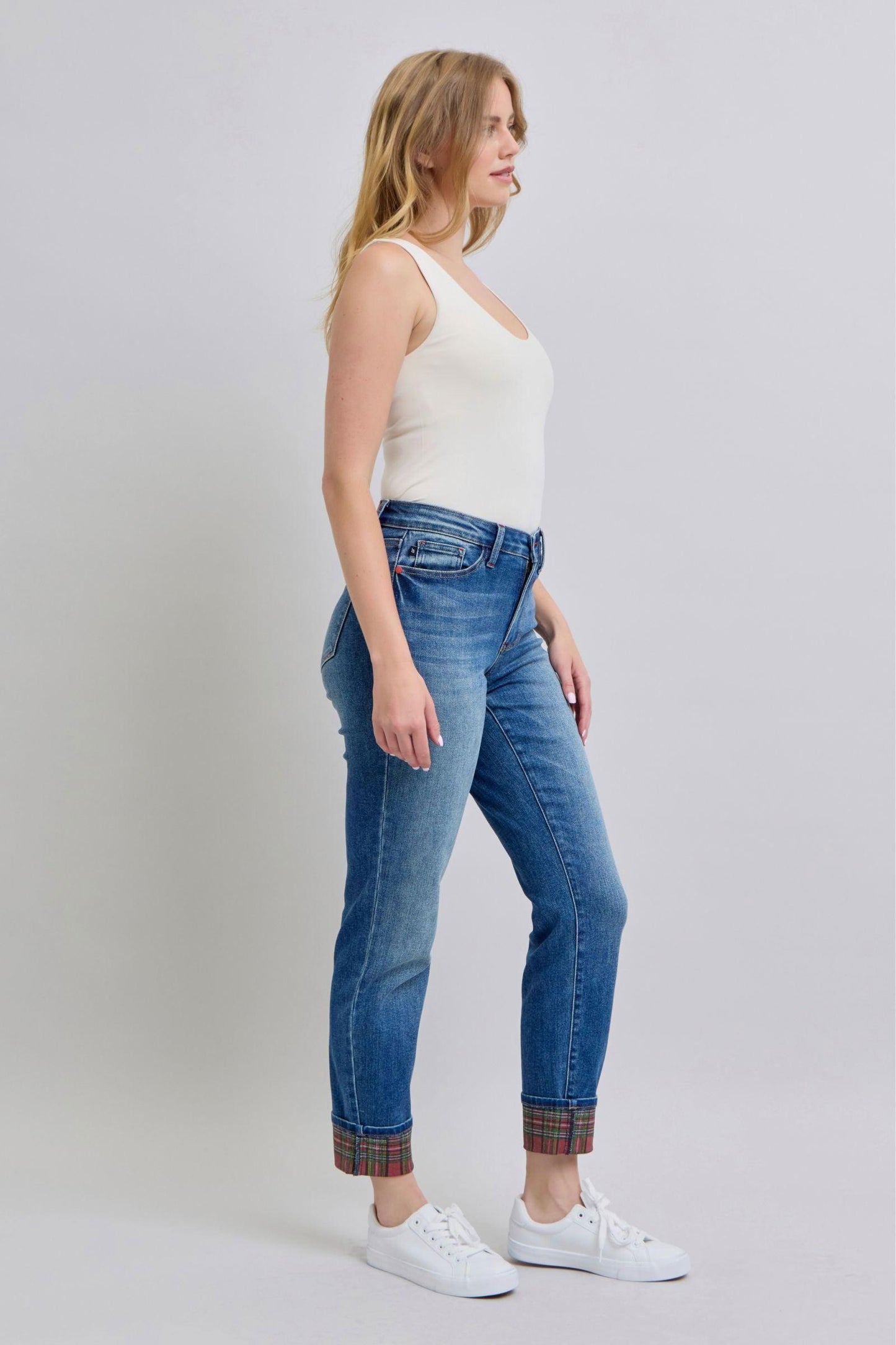 Judy Blue Full Size Plaid Print Cuff Straight Leg Jeans with Pockets - Clothes For Her Online Store