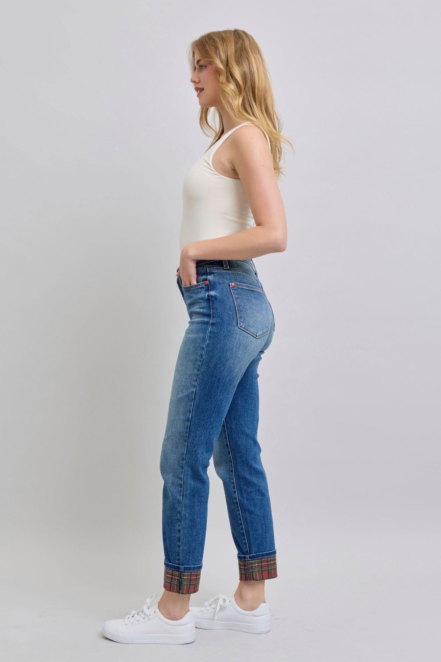 Judy Blue Full Size Plaid Print Cuff Straight Leg Jeans with Pockets - Clothes For Her Online Store