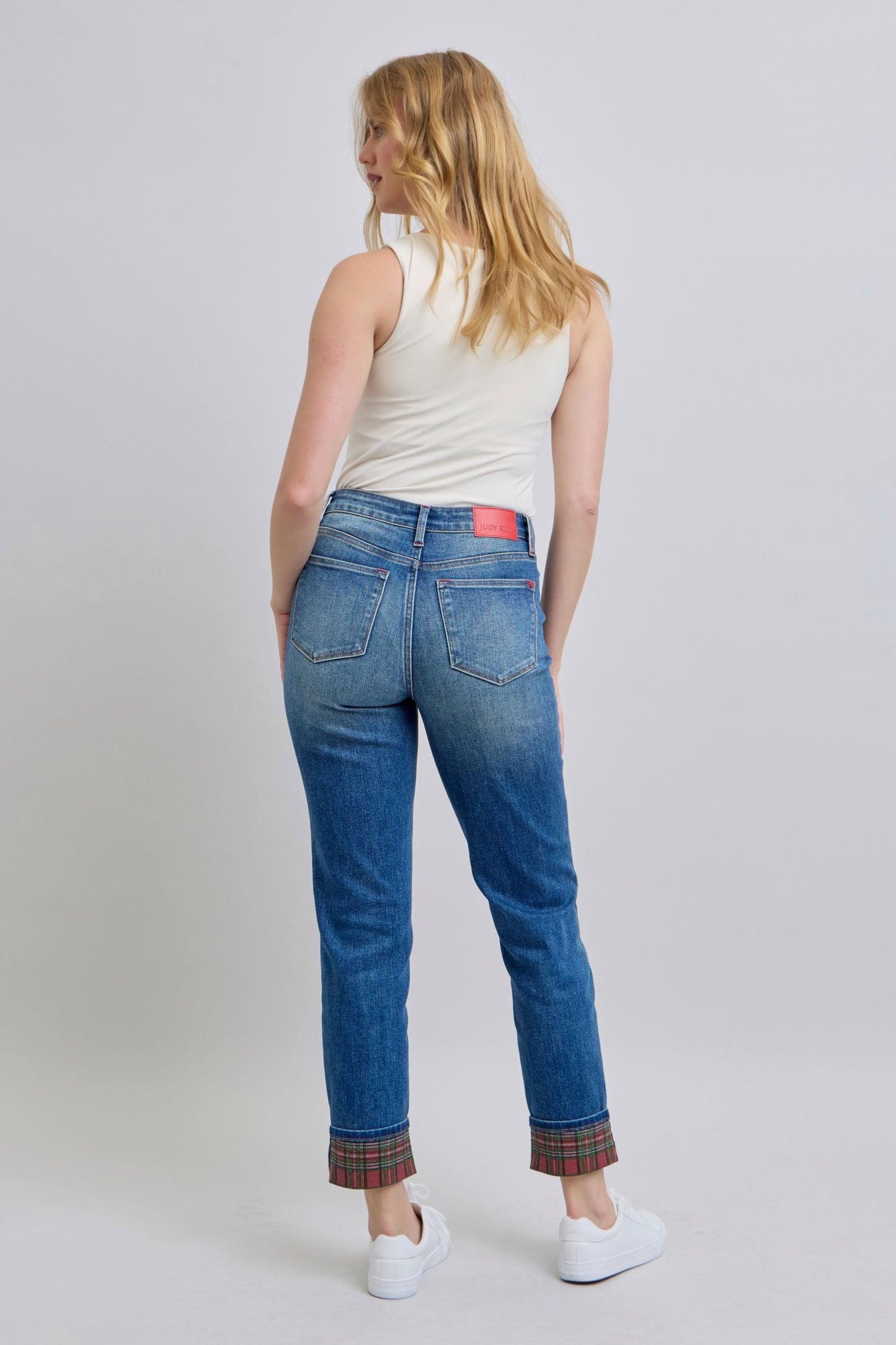 Judy Blue Full Size Plaid Print Cuff Straight Leg Jeans with Pockets - Clothes For Her Online Store