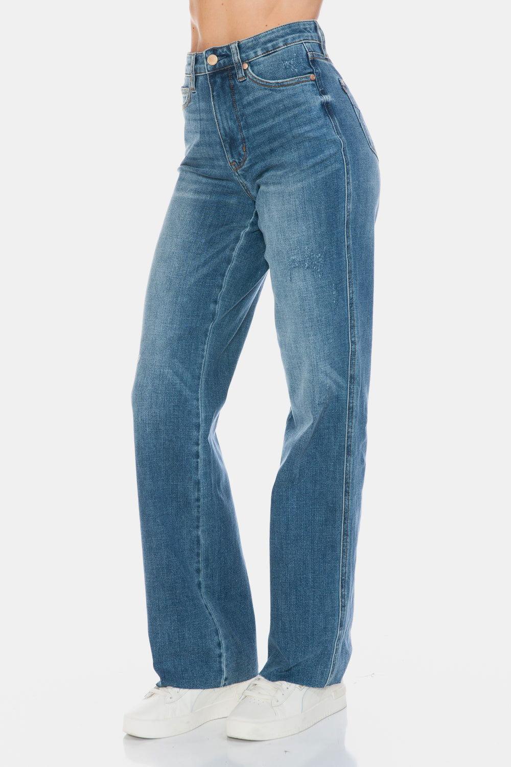 Judy Blue Full Size Tummy Control Cut Raw Hem Straight Jeans - Clothes For Her Online Store