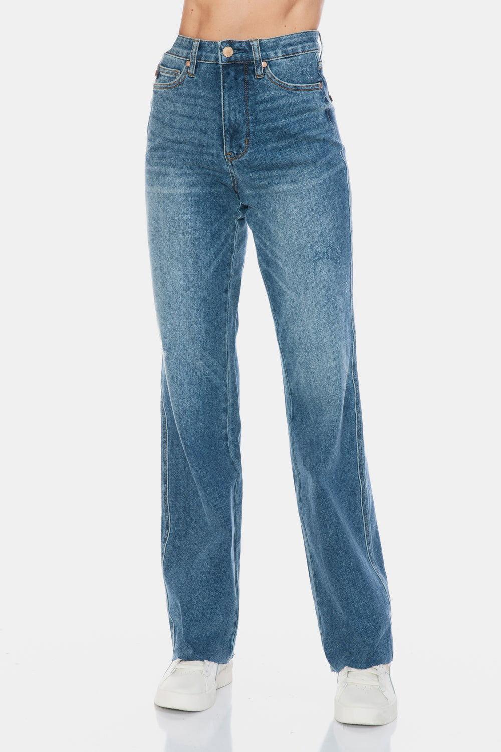 Judy Blue Full Size Tummy Control Cut Raw Hem Straight Jeans - Clothes For Her Online Store