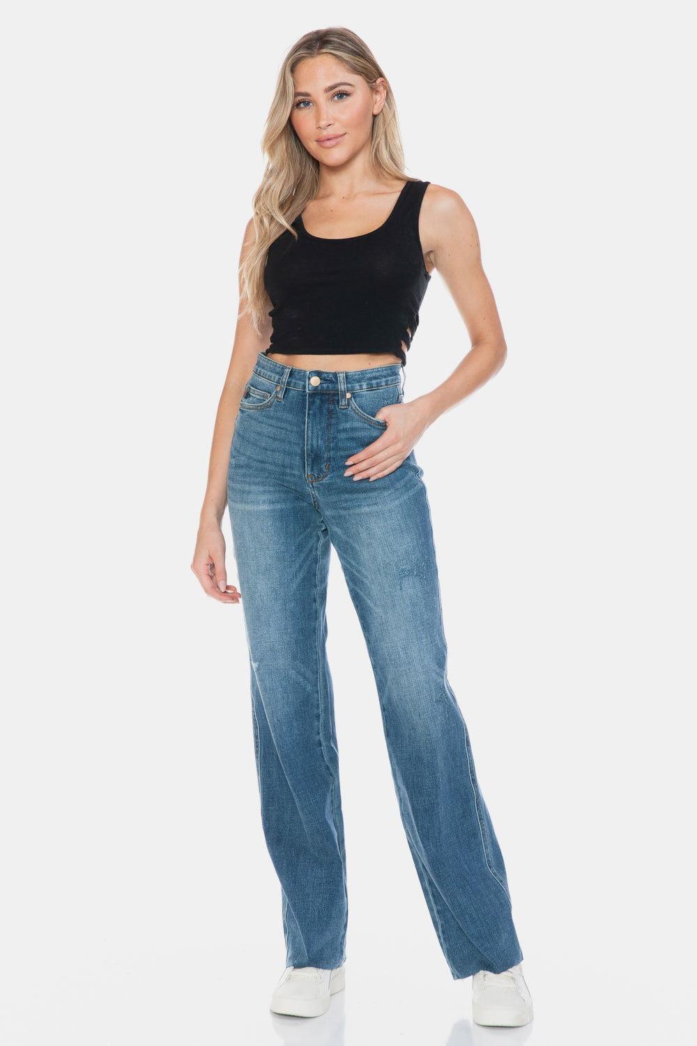 Judy Blue Full Size Tummy Control Cut Raw Hem Straight Jeans - Clothes For Her Online Store