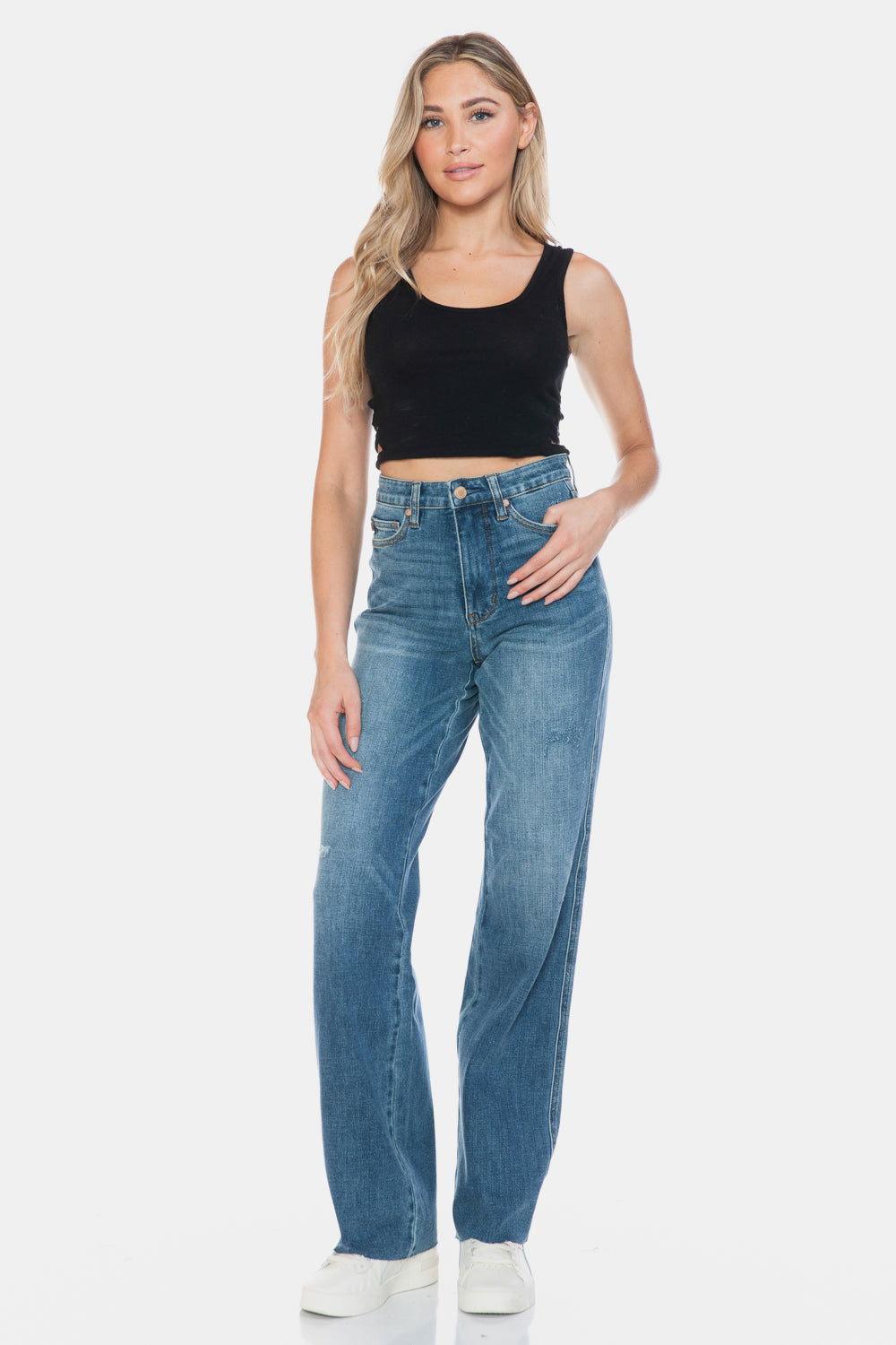 Judy Blue Full Size Tummy Control Cut Raw Hem Straight Jeans - Clothes For Her Online Store