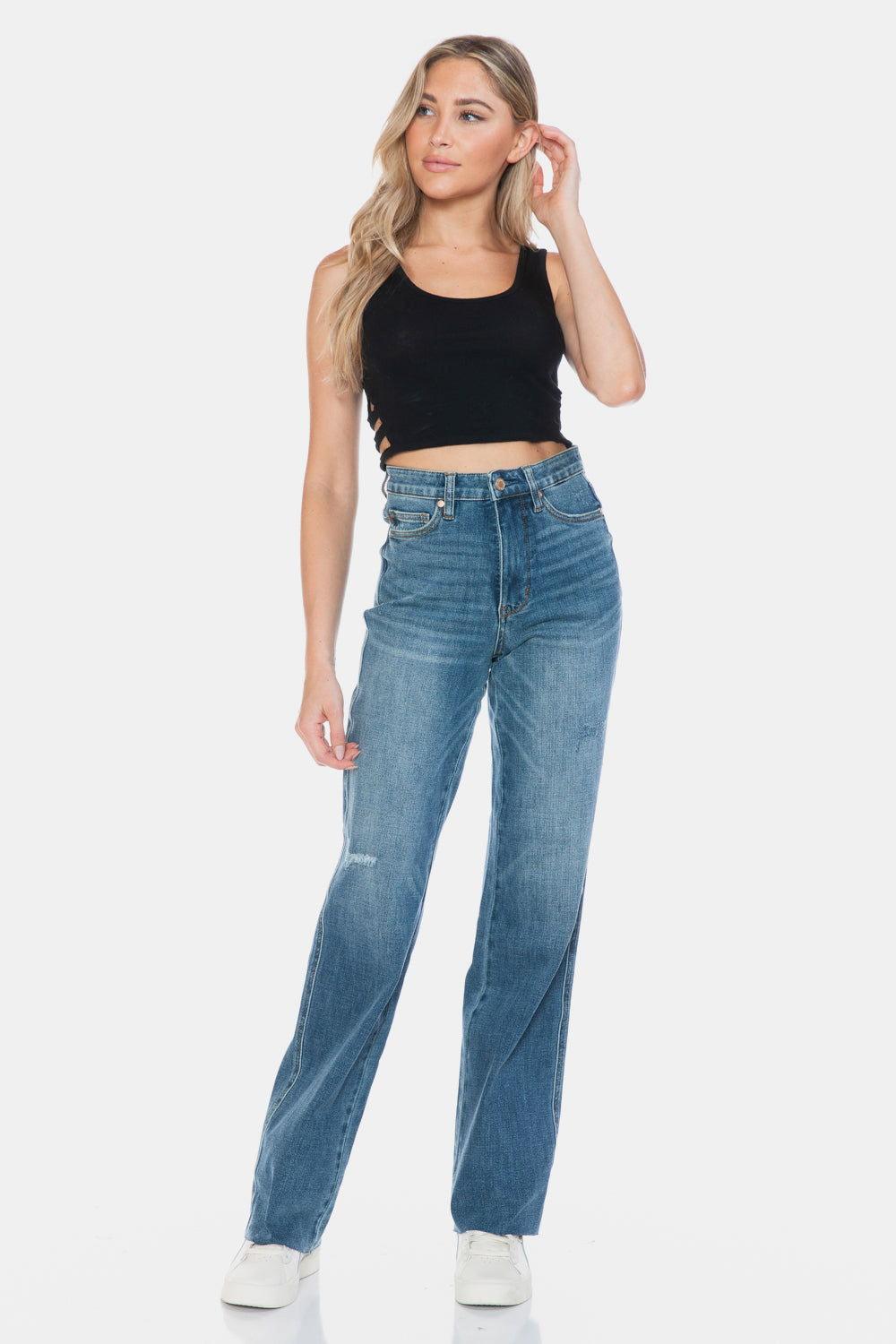 Judy Blue Full Size Tummy Control Cut Raw Hem Straight Jeans - Clothes For Her Online Store